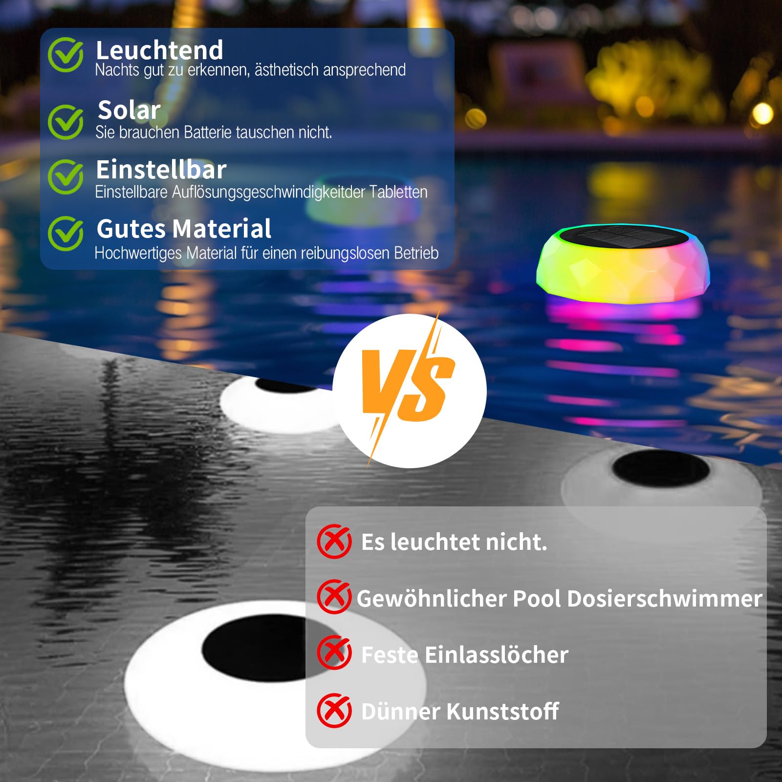 Czemo Dispensador Cloro Piscina con Luz Solar LED, Dosificador de Cloro Flotante con Termómetro Flotador de Piscina para Pastillas de Cloro con Anillo de Ajuste de Capacidad