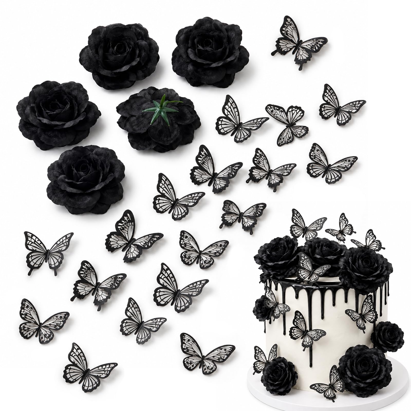 23-Piece Black Gothic Cake Decor Set with Roses & Butterflies for Parties