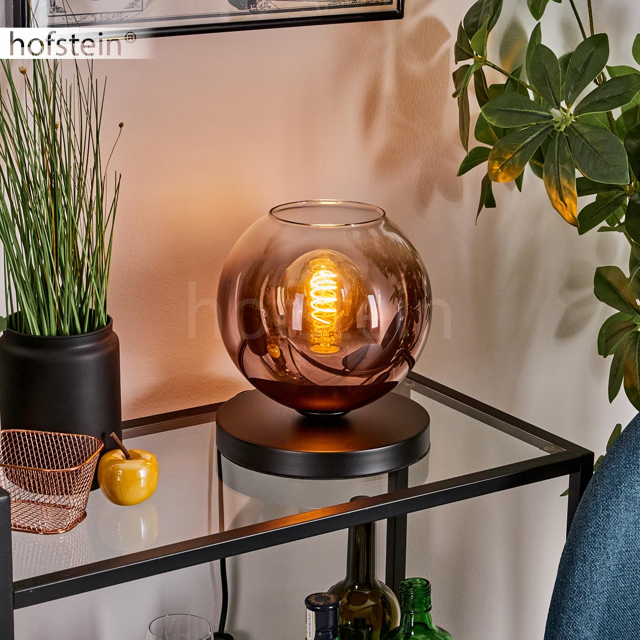 Tischleuchte Apedo, Tischlampe aus Metall/Glas in Schwarz/Kupferfarben/Klar, Leuchte im modernen Retro/Vintage-Design mit Schirm aus Glas (Ø 20cm) u. An/-Auschalter am Kabel, 1x E27, ohne Leuchtmittel