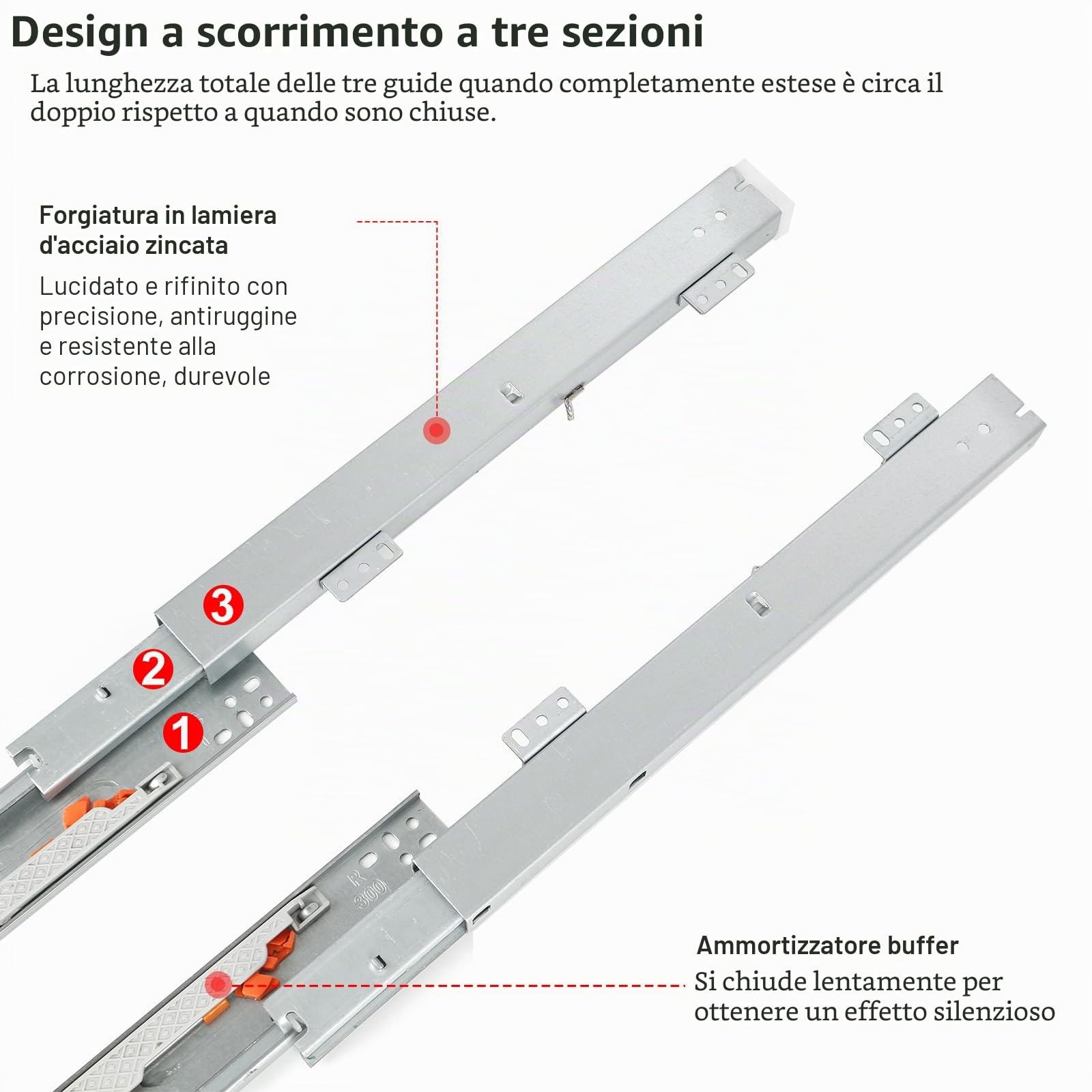 Guide per Montaggio a Pavimento, 1 Paio Estraibili 180 mm, Telescopiche per Cassetti (50 cm)