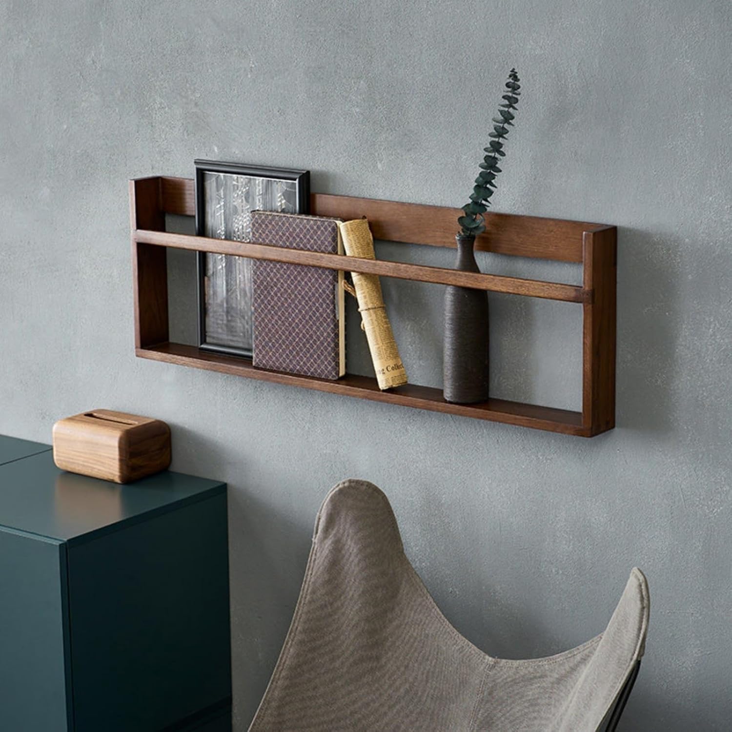 Minimalist Wooden Magazine Rack, Wall-Mounted Magazine Rack, Anti-Drop Guardrail Design, Suitable for Office/Living Room/Study(Brown,90cm/35.5in)