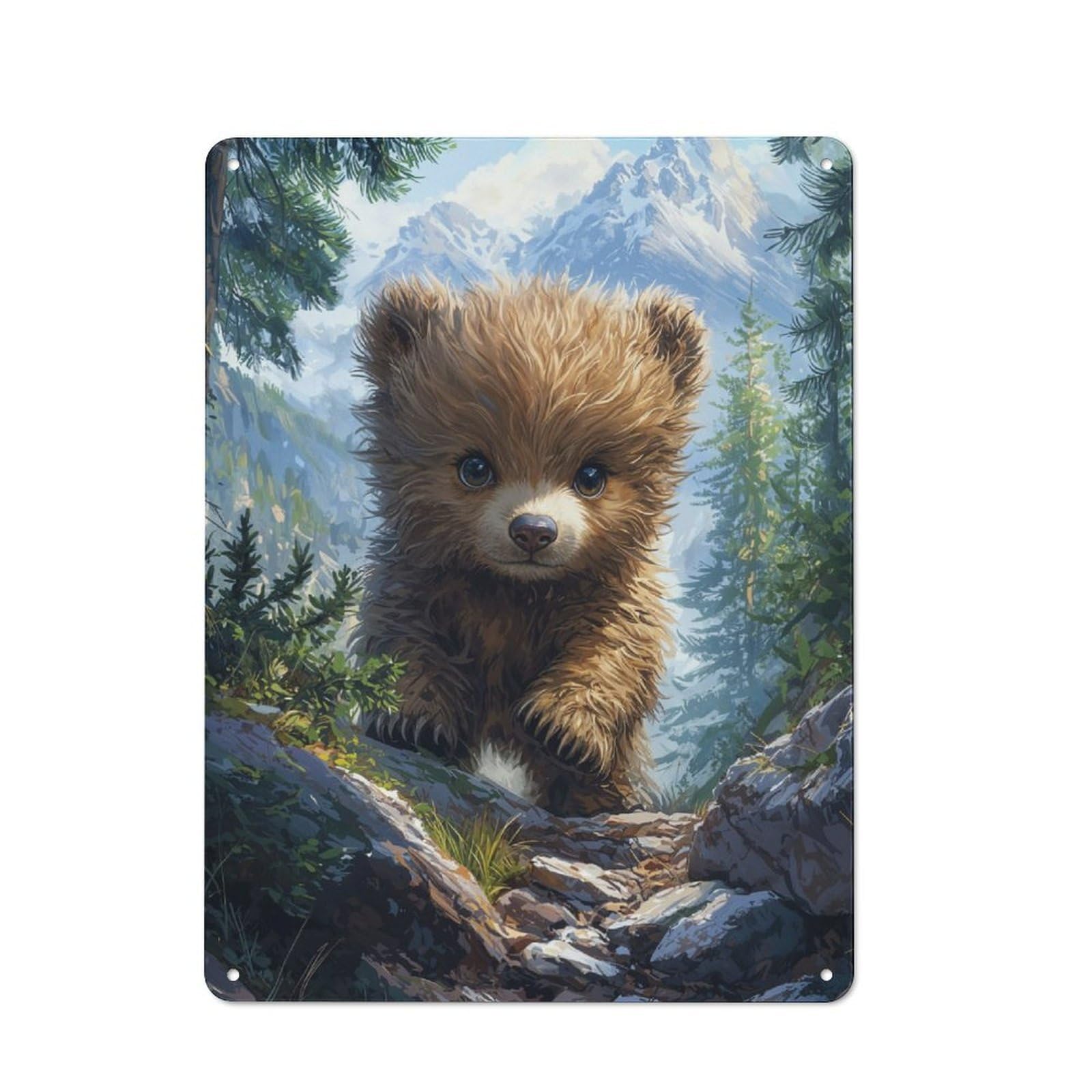 Cute Bear Cub in Mountains Classic Metal Wall Decor 40x30cm, Metal Wall Plaque for Office, Study, Studio Or Hallway