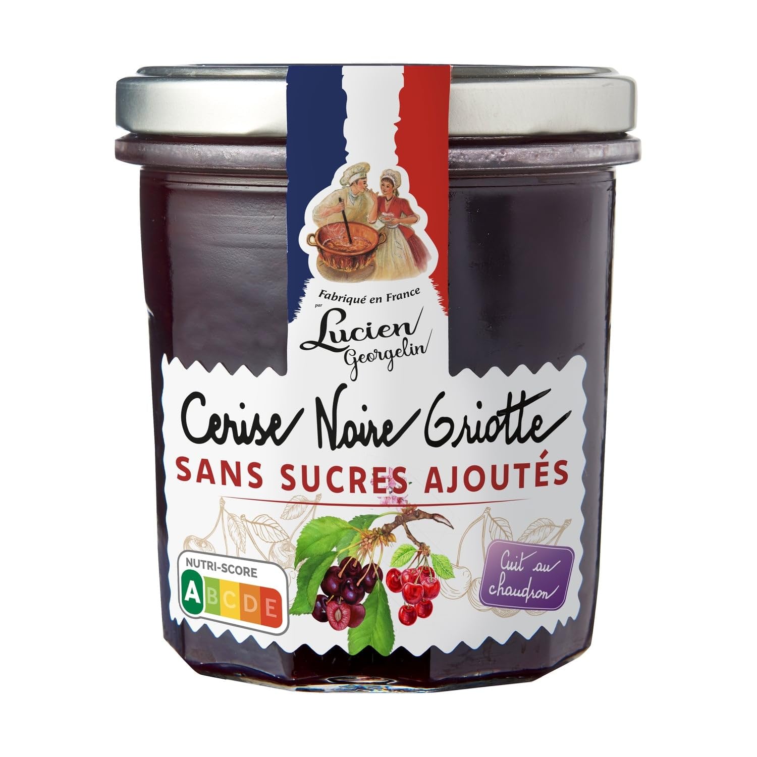 LUCIEN GEORGELIN Préparation Cerise Noire Griotte sans sucres ajoutés 320g — Cuite au chaudron, fabriquée en France, Nutri-Score A - Lot de 3