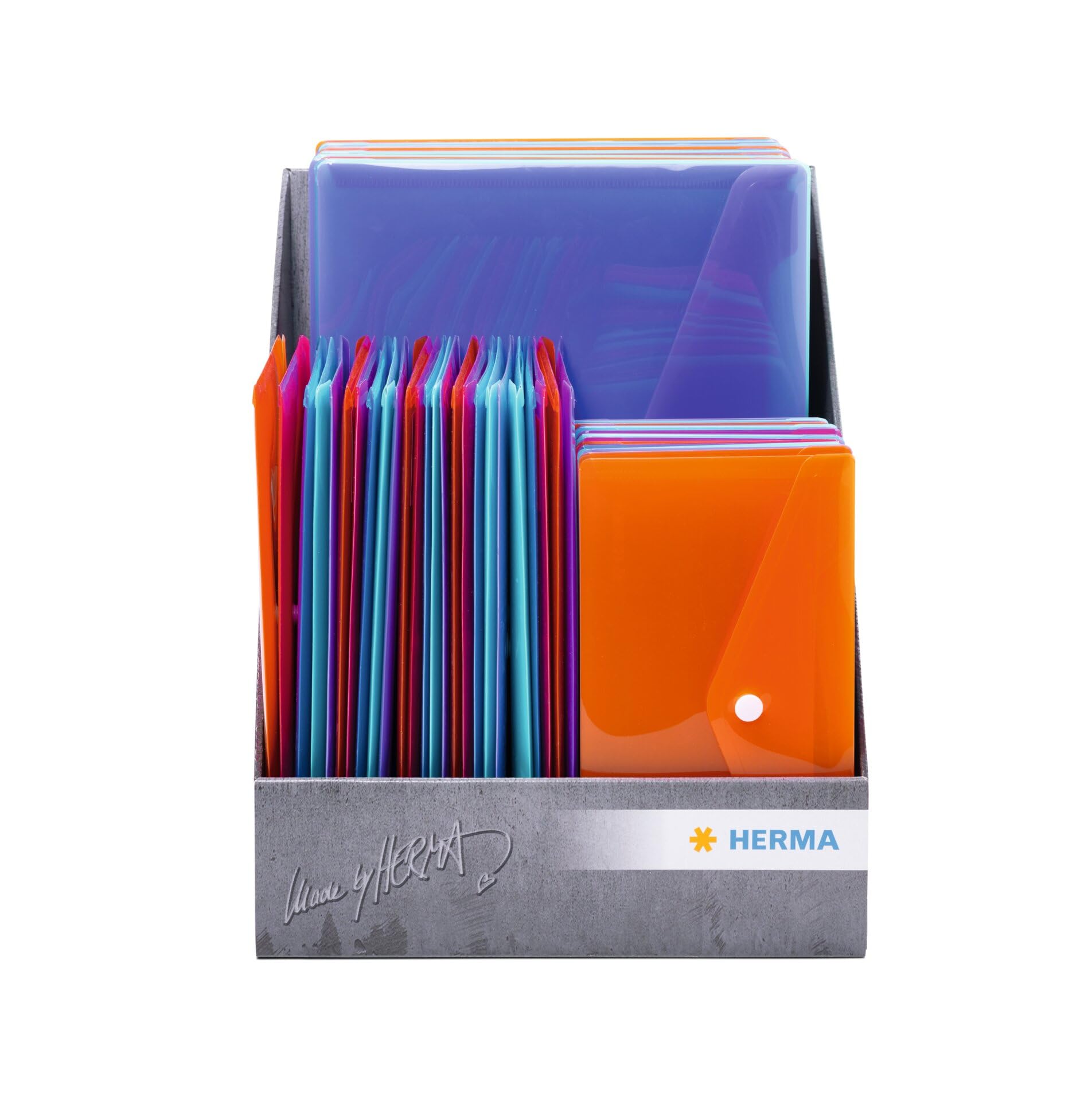 HERMA Dokumententaschen Transparent Set, 75 Stück, kleine und große Sichttaschen Umschläge mit Druckknopf, Briefumschläge Set aus Plastik für Schule, Büro, Reise, bunt