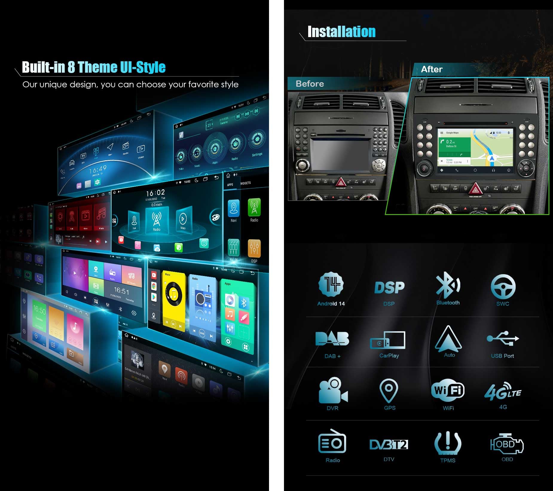 Octa Core Android 14 4GB+64GB Autoradio Radio de Coche Estéreo Navegador GPS para Mercedes-Benz SLK Clase R171 W171 Carplay IPS DSP Bluetooth WiFi SWC Dab+ GPS Navegación DVR DVD