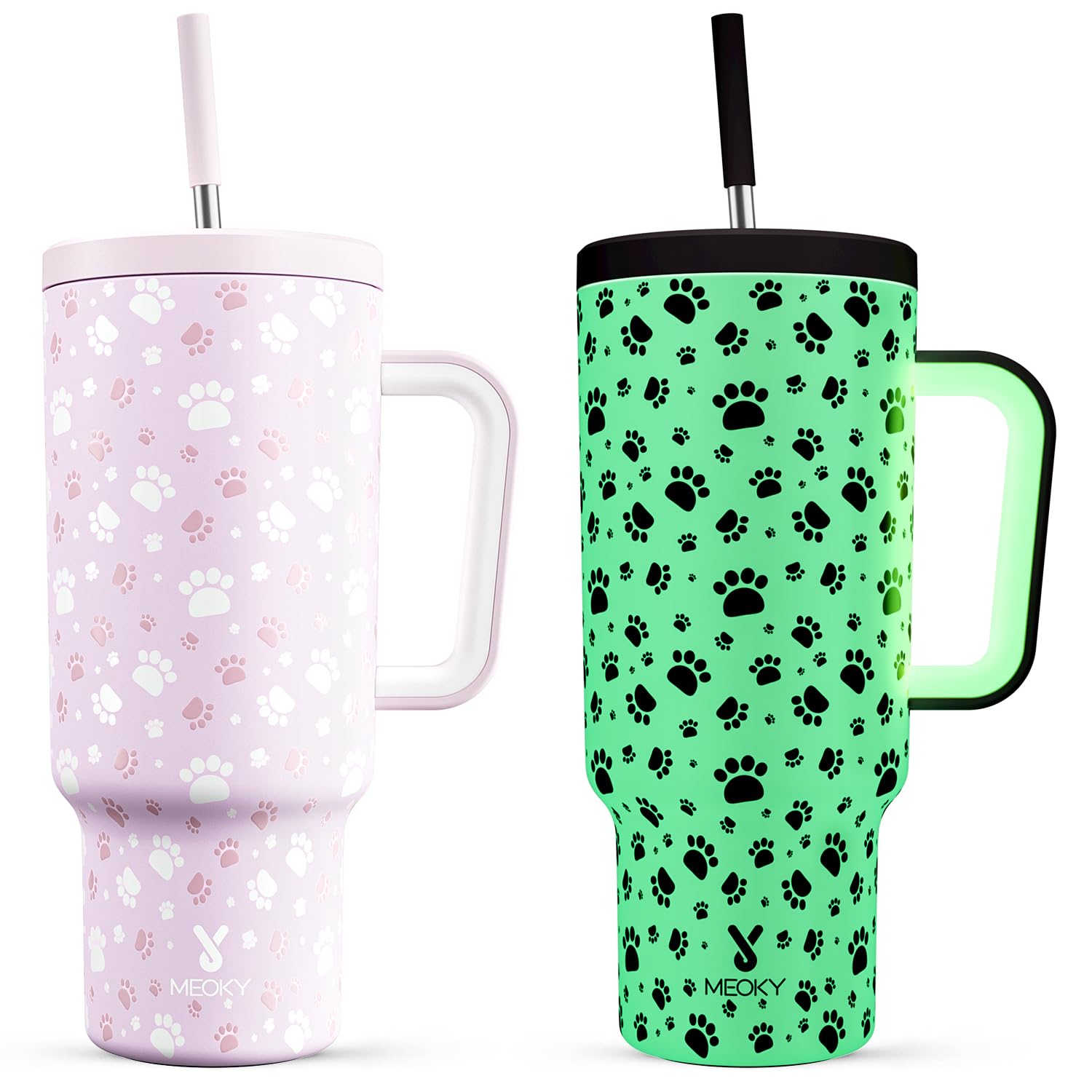 Meoky Glow in the Dark Tumbler: 40 oz Tumbler with Handle and Straw- Stainless Steel Insulated Tumbler for Car Cup Holders - Travelers Commuters Workers (1 Pack, Paw)