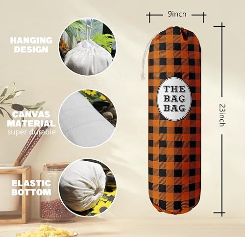 Miniatura 3 de Organizador de bolsas de comestibles a cuadros de búfalo naranja para bolsas de compras, bolsas de plástico de montaje en pared, dispensadores de