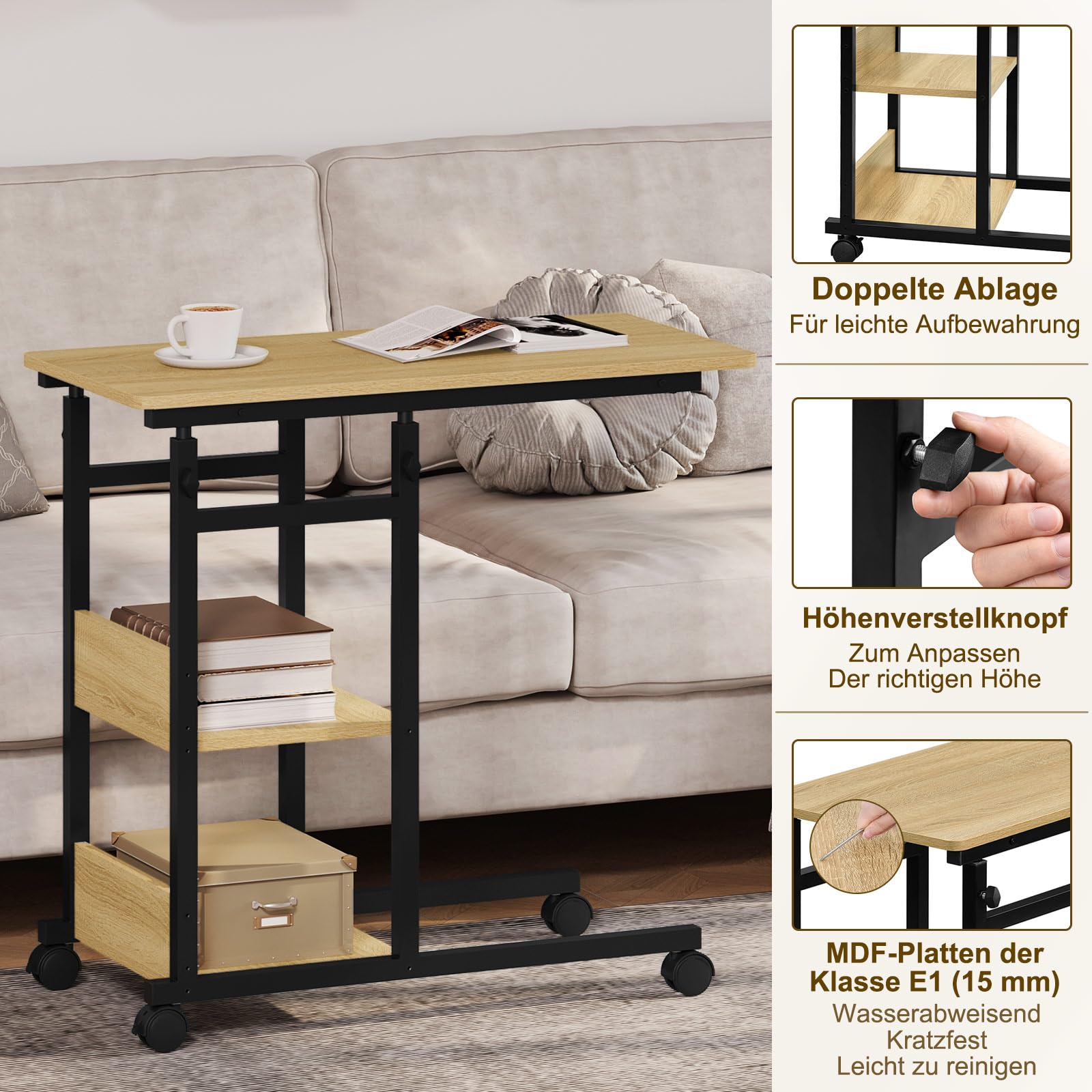 WOLTU Beistelltisch Couchtisch Sofatisch Wohnzimmertisch Laptoptisch Betttisch, C-förmig höhenverstellbar, mit Rollen, aus Metall Holzwerkstoff, helle Eiche + Schwar, BTS08hei