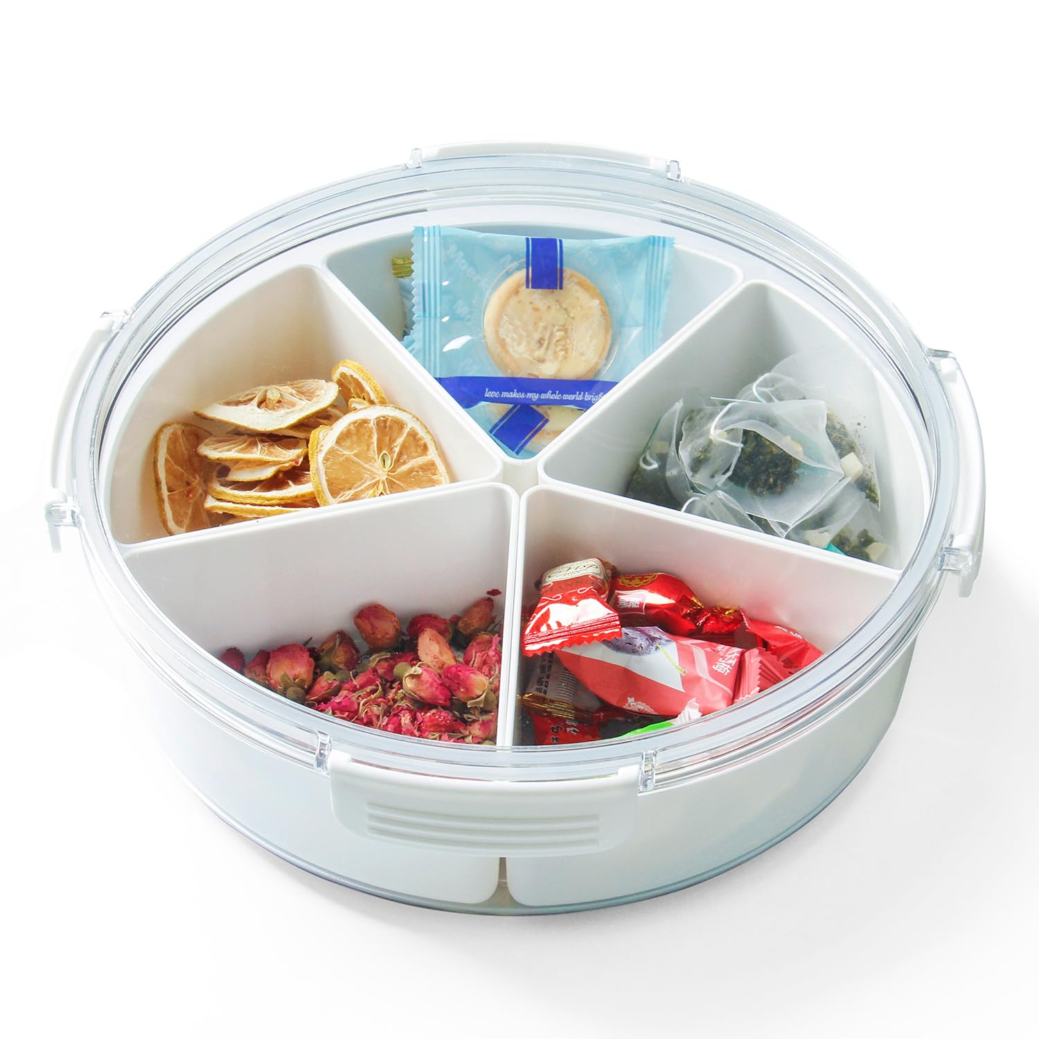 AosomeDivided Serving Tray with Lid, Includes 5 Divided Food Storage Containers, Snacks Candy Box, Fruits Tray,Party Platter (Clear, Round)