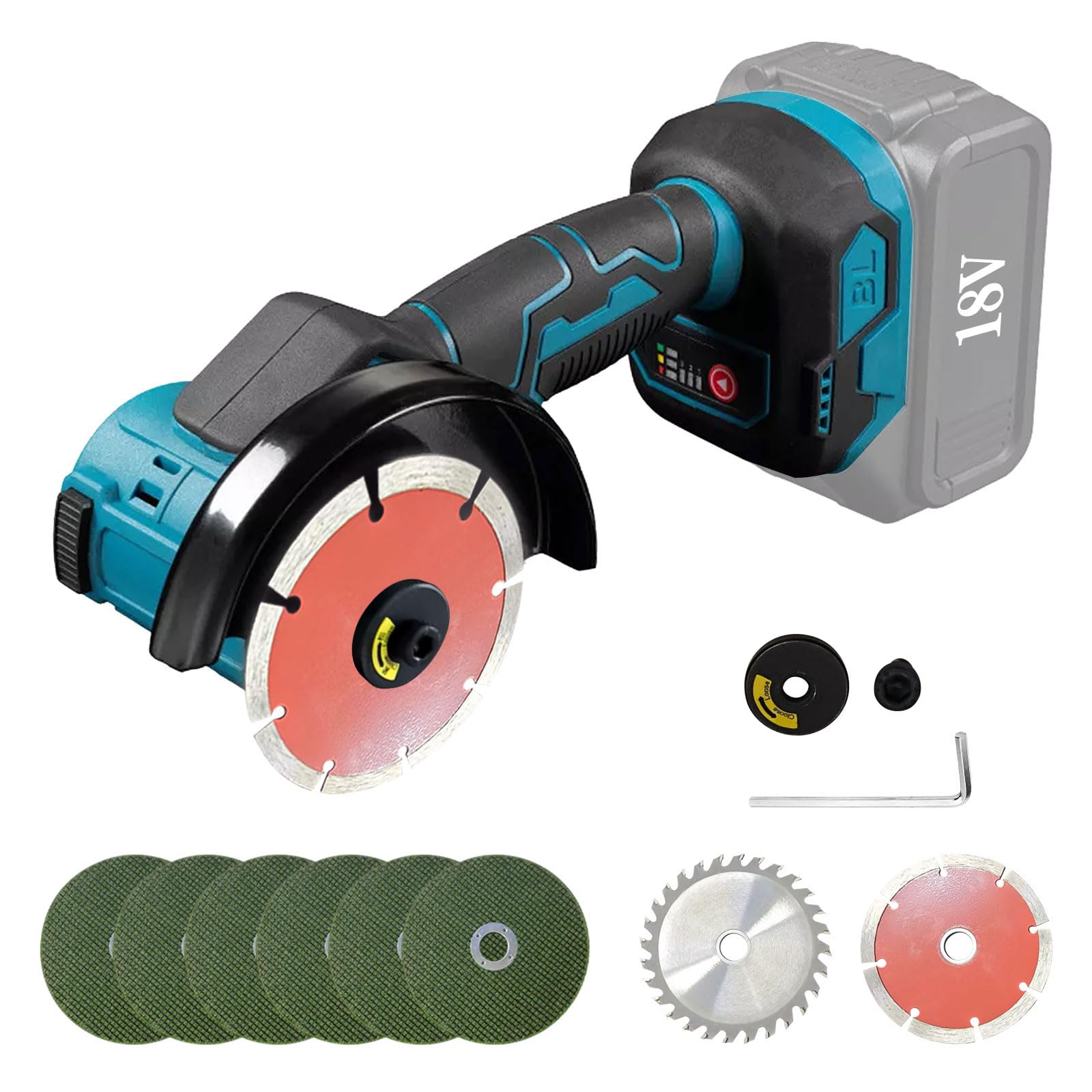 Cordless Angle Grinder for Makita 20V Battery(Not Included), 12000RPM Cordless Cut Off Tool Electric Grinder Brushless Motor with 6PCS 100mm Blades for Wood Plastic Metal Cutting