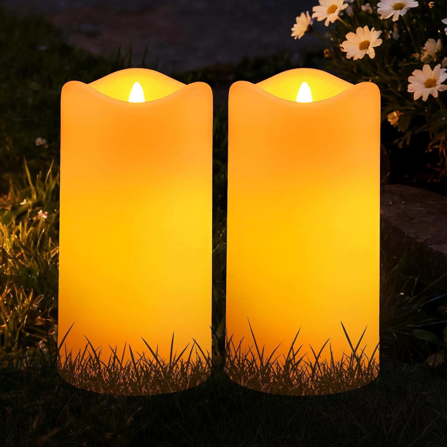 Solar Candles Outdoor Waterproof 2 Pack, 3"x6" Flickering Flameless Solar Pillar Candle Lights, Dusk to Dawn Warm Amber Solar Candles for Lanterns, Garden, Patio, Porch, Backyard Decor