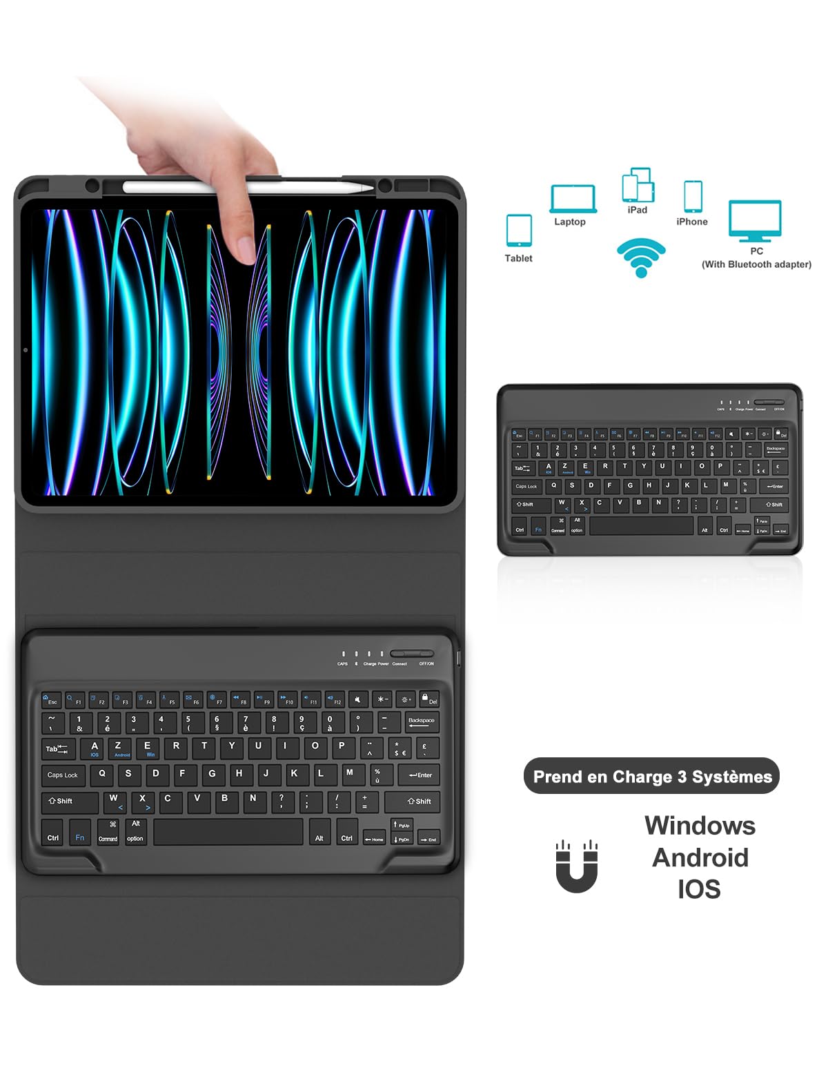 FOGARI Étui Clavier pour iPad Pro 12.9 2022/2021/2020/2018(6/5/4/3 Gén) | AZERTY Français Étui Clavier Magnétique Bluetooth sans Fil pour iPad Pro 12.9 6è/5è/4è/3è Gén, Noir