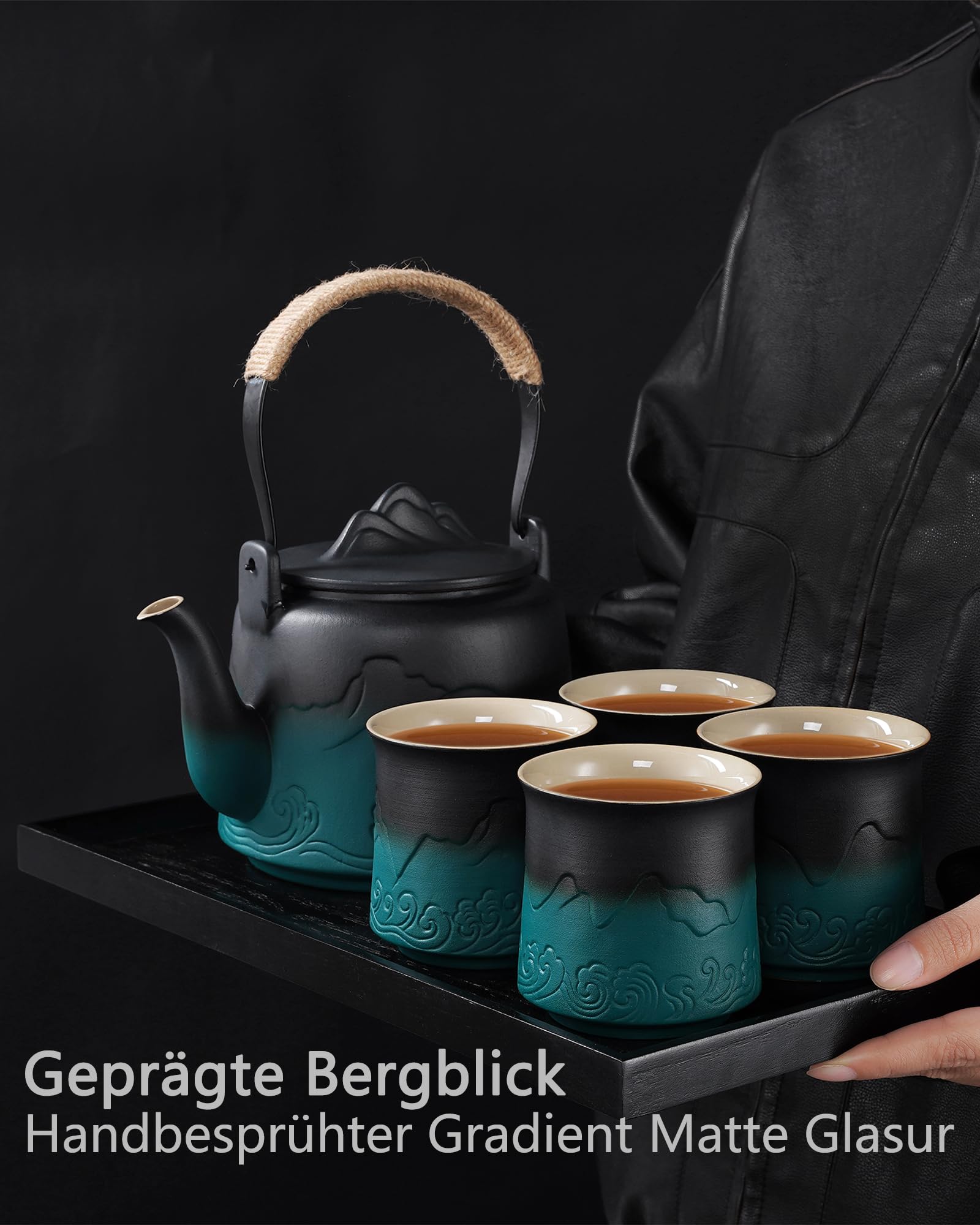 ZENS Design Japanische Teeservice,1000ml Gradienten Geprägtem Japanische Teekanne mit 4 Tassen Set, Hanfseilgriff Teeset mit Eingebautes Sieb für Weißer Losen Tee Steeper, Schwarz & Grüner