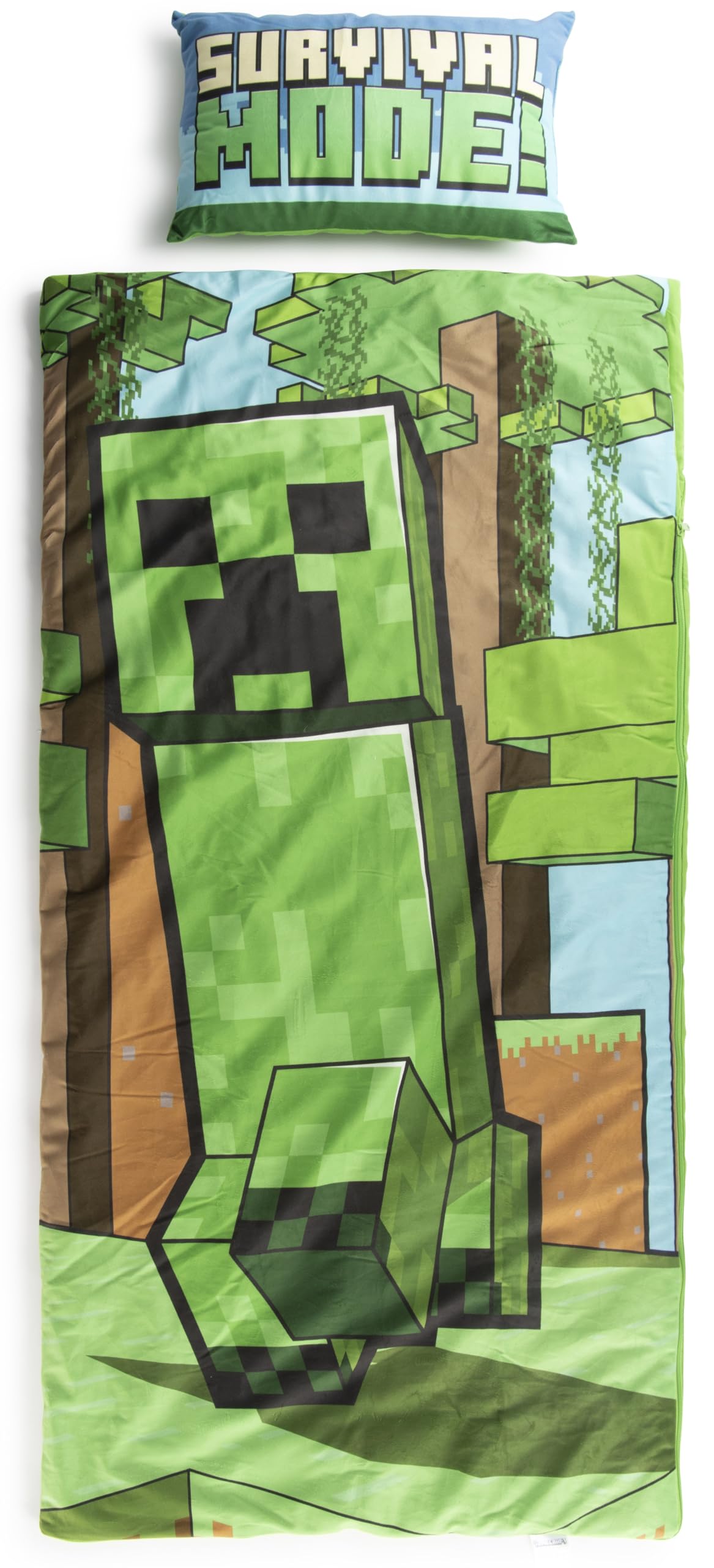 Jay Franco Kids Slumber Bag and Pillow - 54 x 27 Inch Comfy Indoor Sleeping Bag for School and Sleepovers, 2 Piece Set, Green - Minecraft