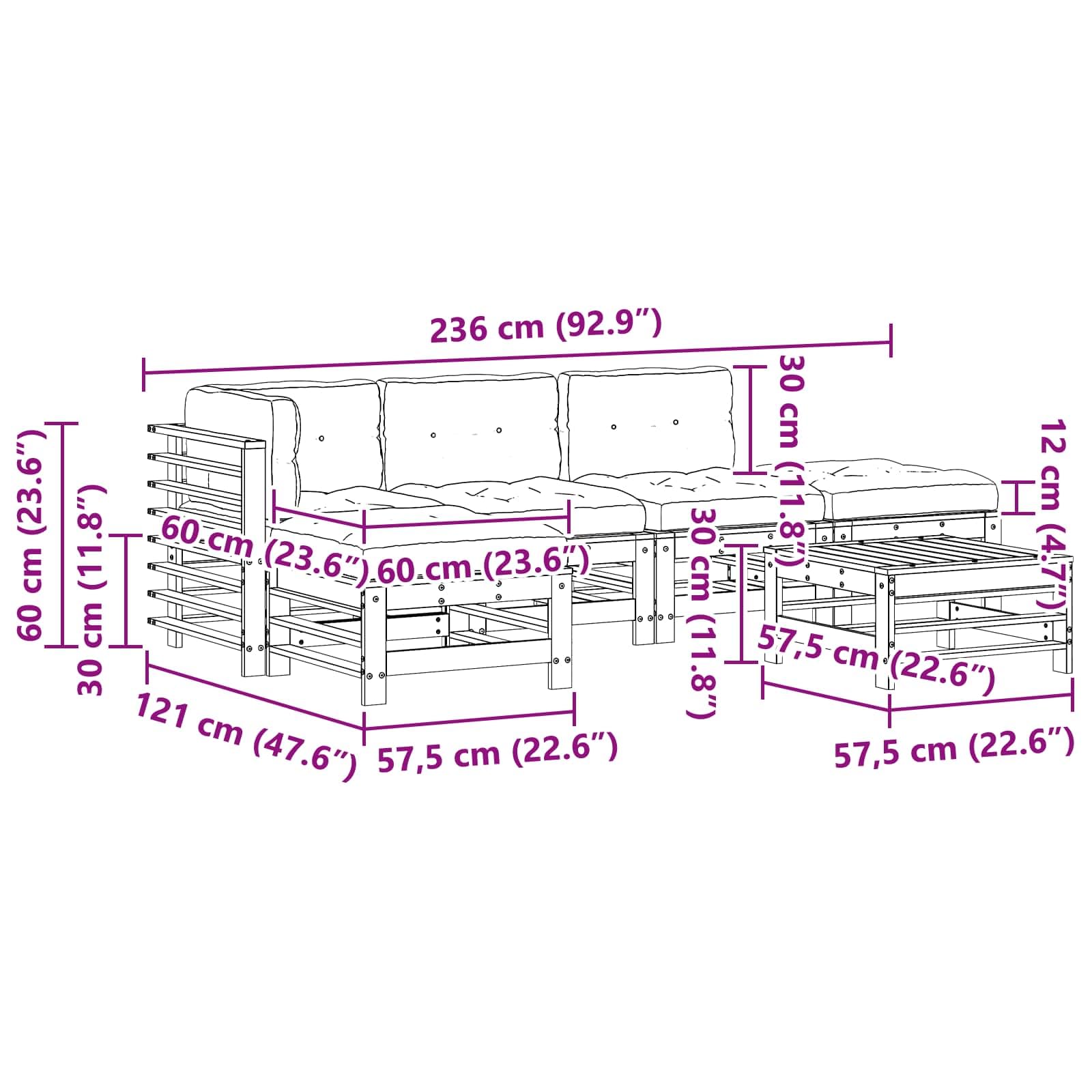 Juego de 6 muebles de jardín de madera maciza de pino macizo, conjunto modular de salón para terraza y jardín, conjunto de asientos con mesa, sofá esquinero y sillones, incluye cojines de