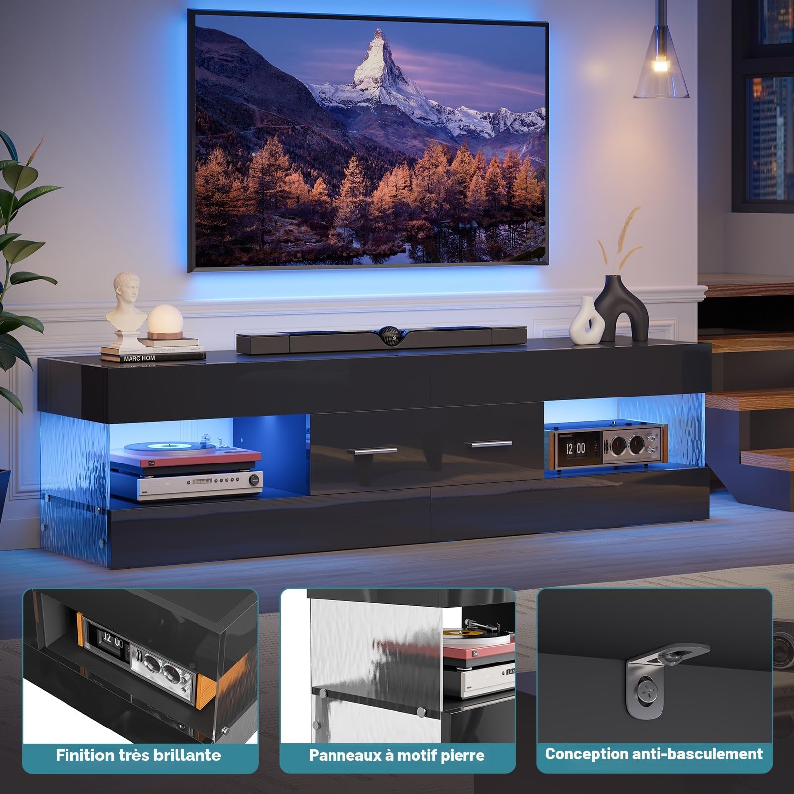 Bestier Meuble TV pour téléviseurs 65 Pouces,Meuble TV Moderne laqué Brillant avec Panneaux latéraux Effet Pierre,Centre multimédia LED avec Grand tiroir,Console TV pour Salon et Chambre(Noir)