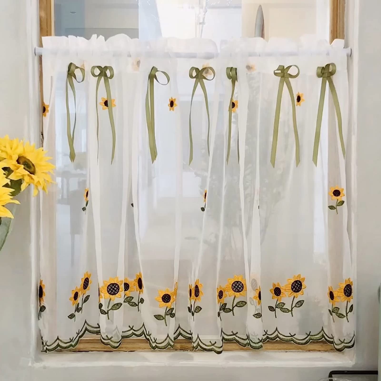 Rideau brise-bise court à passe-tringle voilage brodé tournesol pour cuisine