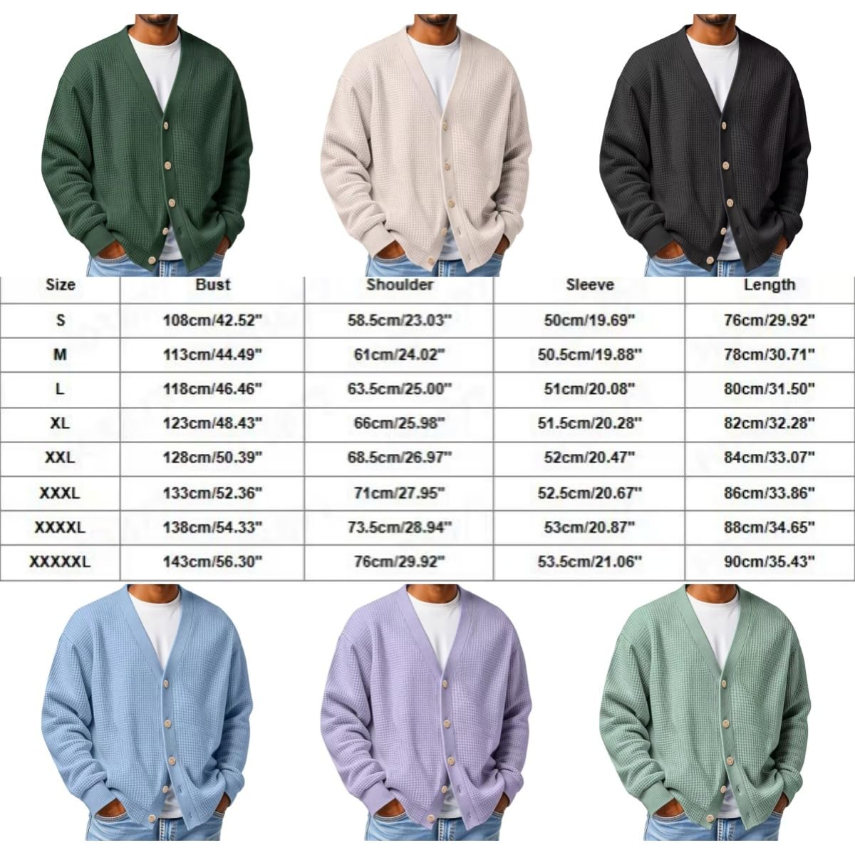Cardigan à manches longues pour homme, col en V boutonné en tricot gaufré, cardigan gaufré pour homme
