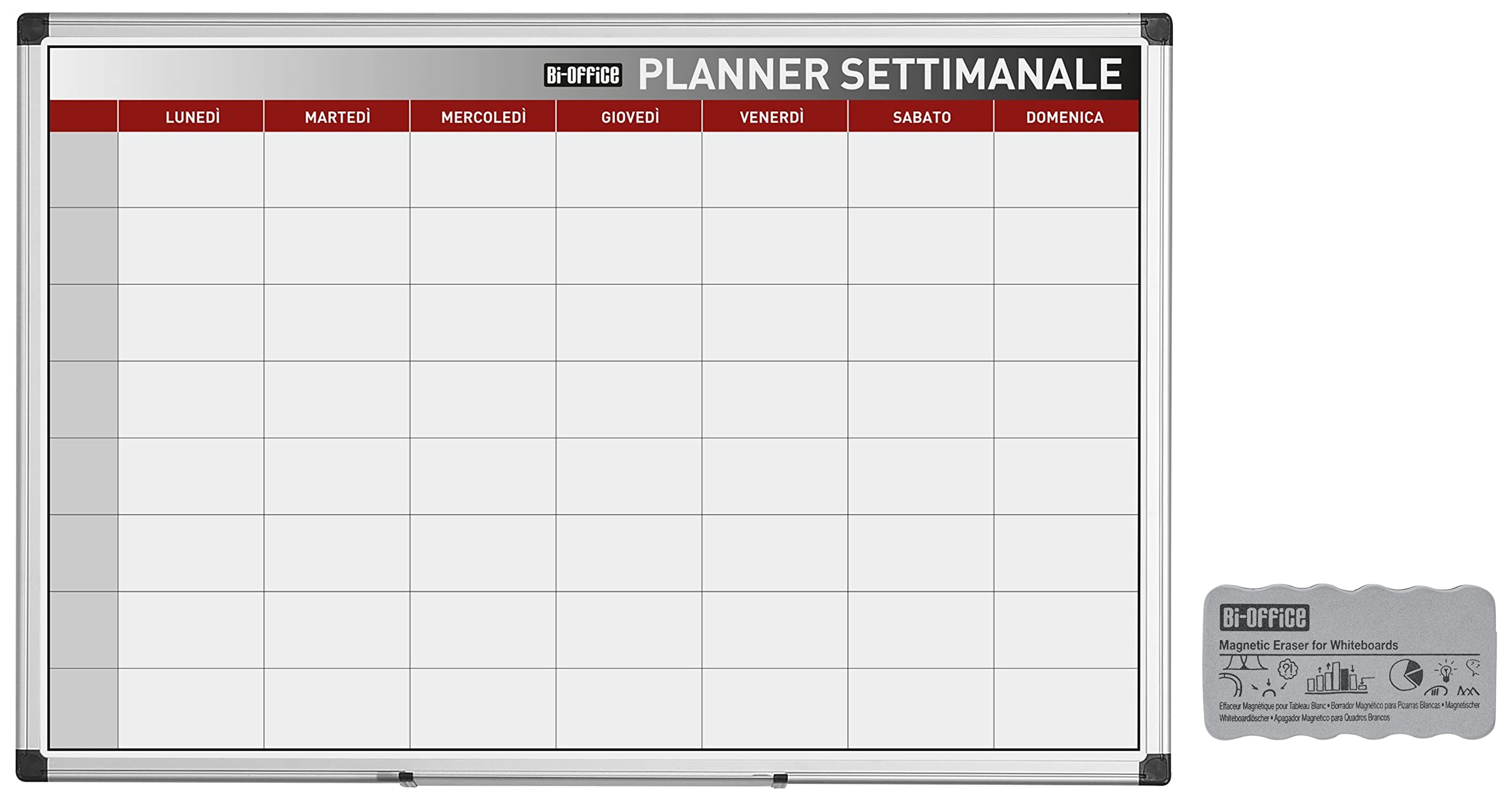 Bi-Office Ga03266170 Planner Settimanale Magnetico, 90 X 60 Cm, Bianco & Cancellino Magnetico Leggero, Per Lavagne Magnetiche Bianche, 105 X 55 X 23 Mm