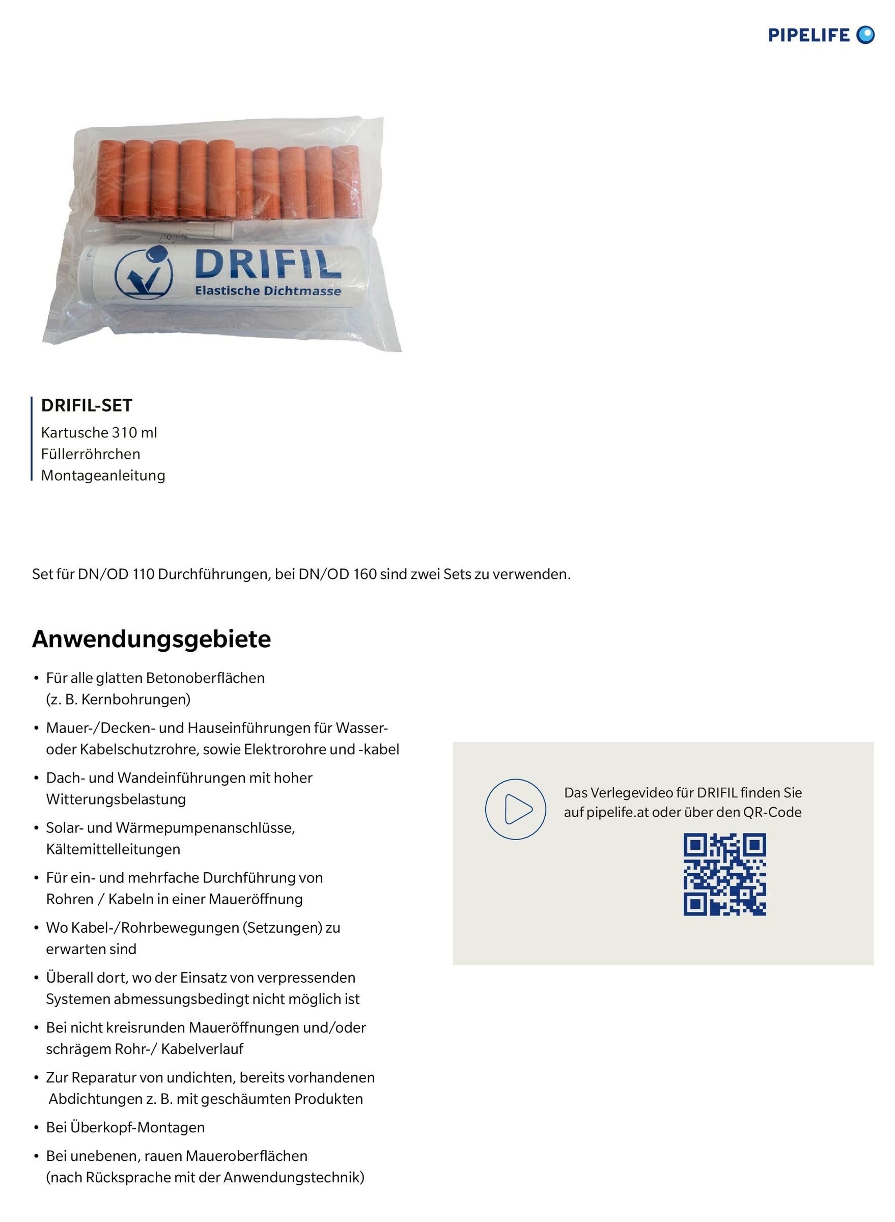 Pipelife DRIFIL SET Abdichtmasse 310ml 17 Stück Füllerröhrchen 22/15-60