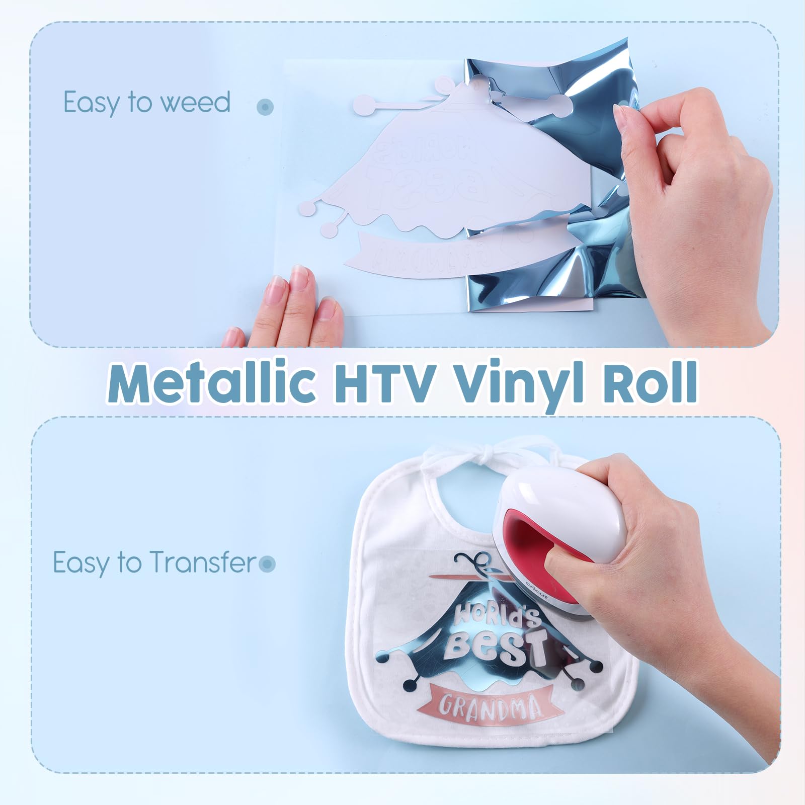 Rollo de vinilo HTV metálico azul lago, 12 x 8 pies, vinilo de transferencia de calor HTV azul claro para planchar en camisetas compatibles con Silhoutte Cameo o Cricut