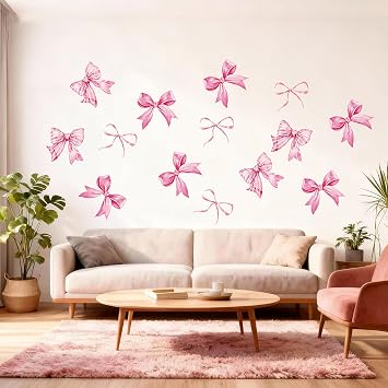12 Sheets 69Pcs Pink Bow Wall Stickers, Watercolor Pink Bow Wallpaper, Easy Peel and Stick Wall Stickers for Girls Bedroom, Nursery, Living Room