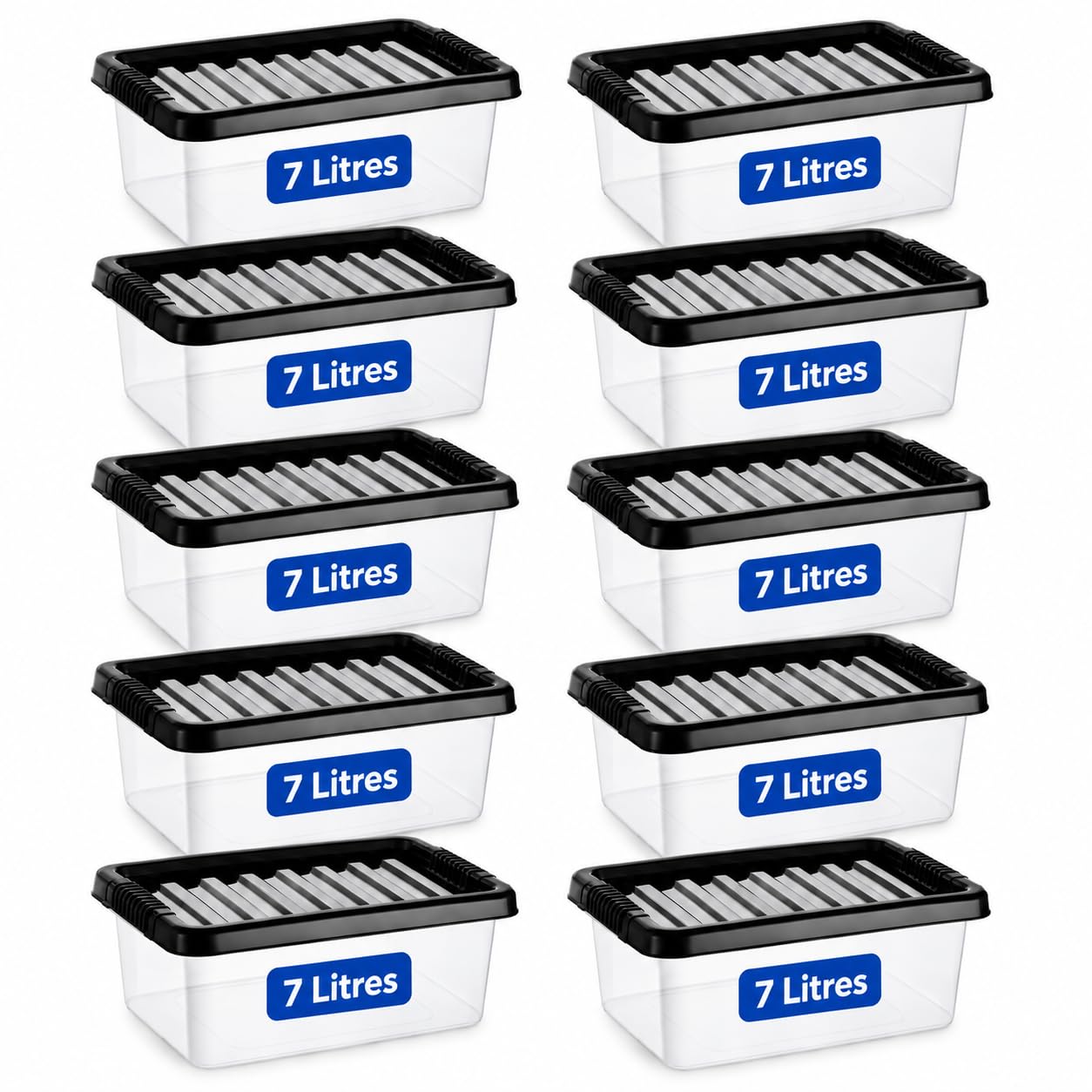 KAPCO 10 X 7 Litre Plastic Storage Box with Black Lids | 7L Clear Containers For Home, Kitchen, Garage, Office | Clear Multipurpose Nestable Stackable Plastic Storage Box With Lid Set of 10