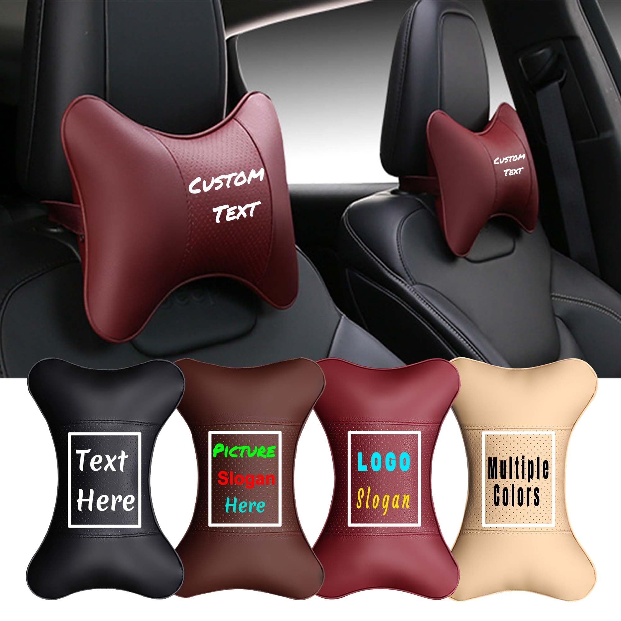 MVJAA Customizable Neck Pillow, Personalized Headrest Pillow, Breathable Fiber Filled, Adjustable PU Leather Seat Neck Support Fits Most Car Seats, Relieves Neck & Shoulder Pain During Travel (Red)