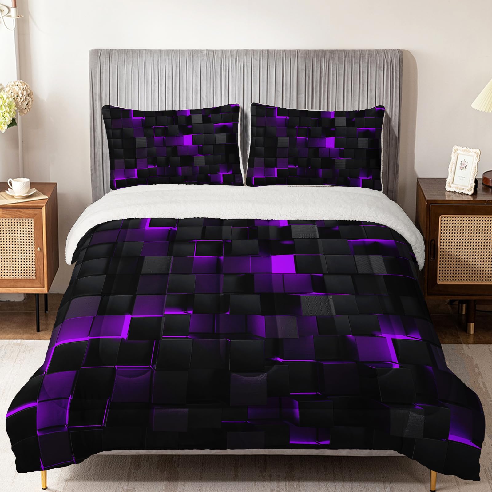 Nttopship Geometric Violet Black Comforter Set,Light Honeycomb 3 Pcs Bedding Set Full Size for Teen Boys,Sherpa Fleece-Backing Premium,Microfiber Lightweight 1 Comforter 2 Pillow Cases Winter