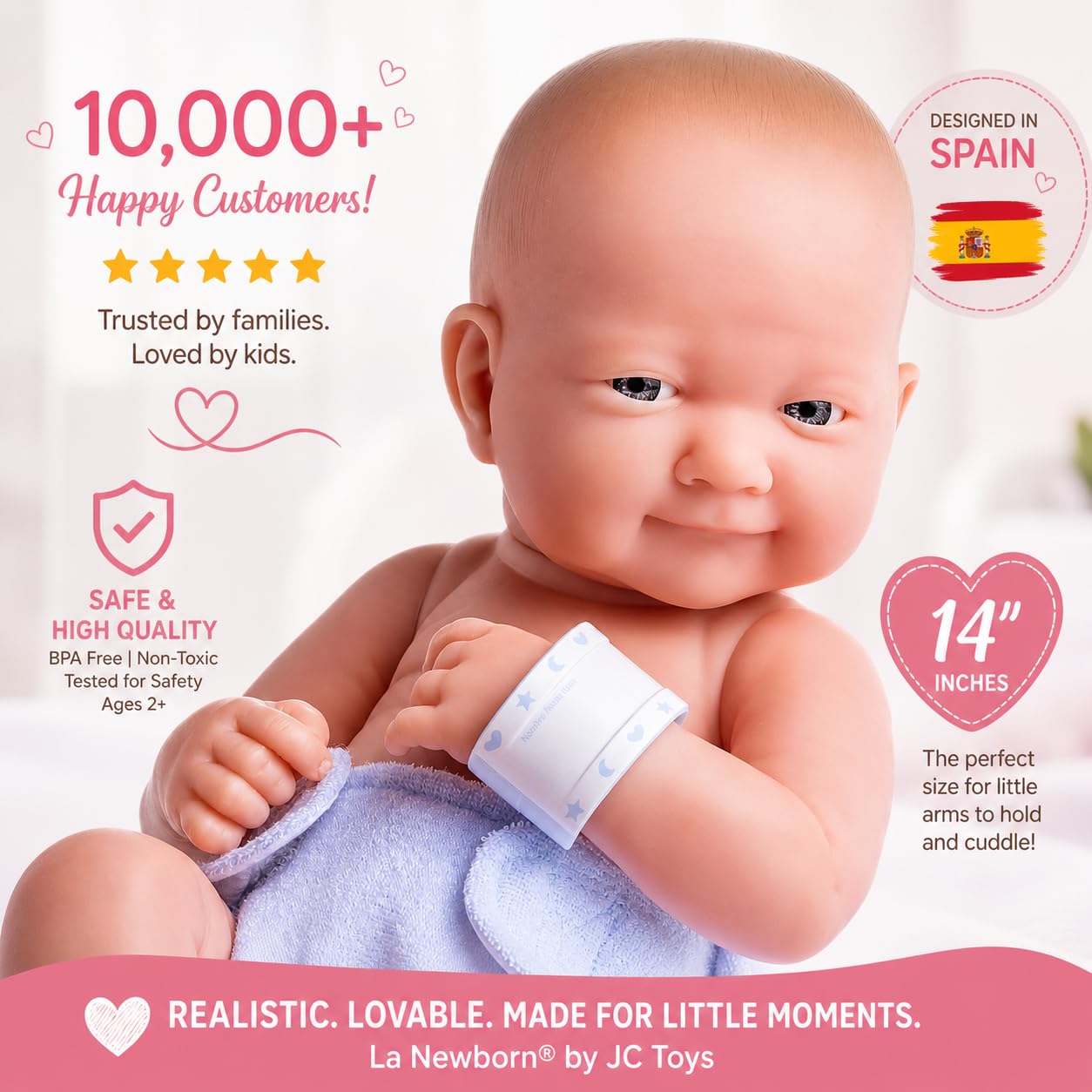 JC TOYS - La Newborn noworodek 38 cm, miękki winyl, w zestawie odzież i 8 akcesoriów, niebieski, zaprojektowany w Hiszpanii przez Berenguer, 2 lata