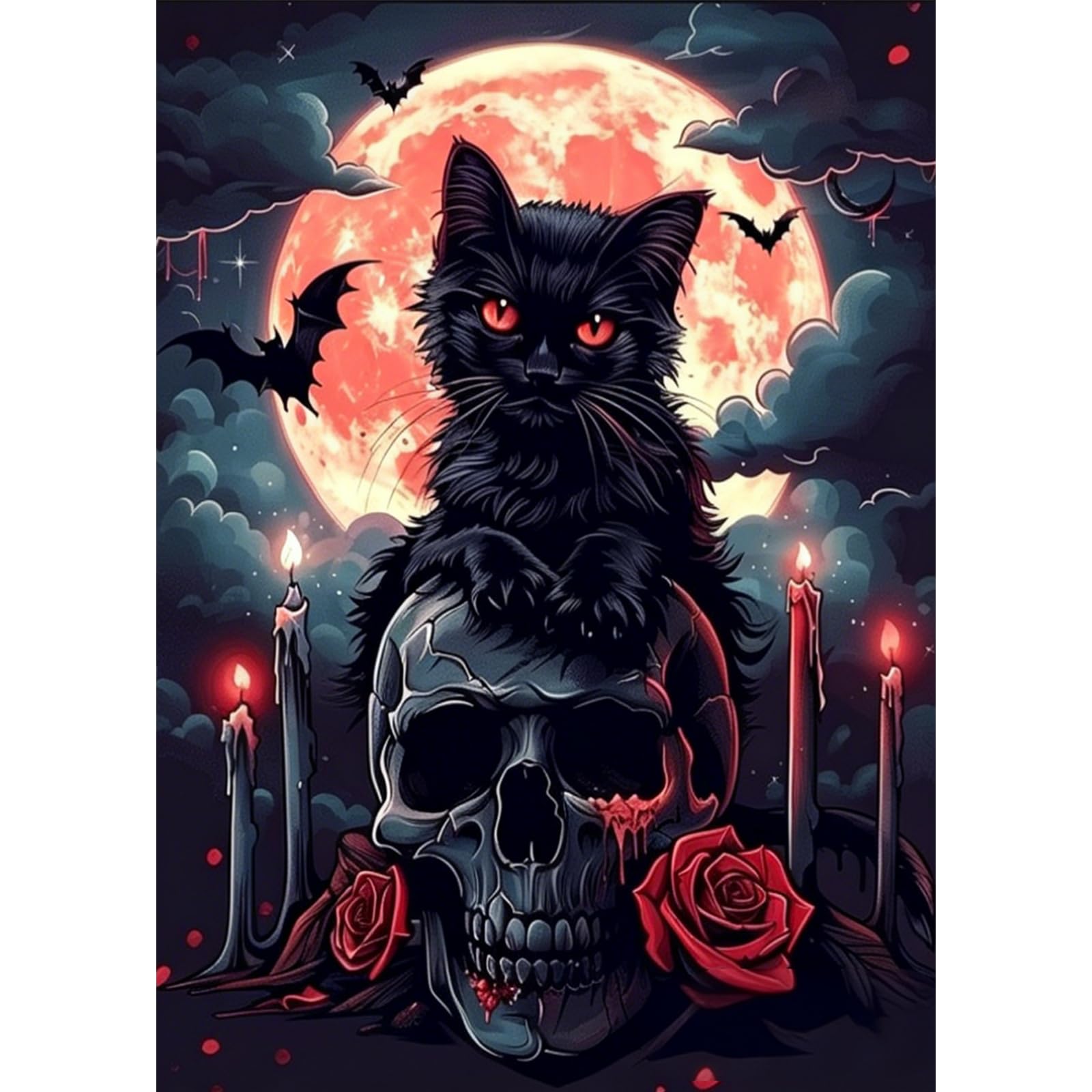 TLIOBLO Cat and Skull Diamond Painting Kits for Adults, 5D DIY Halloween Diamond Art, Full Drill Round Gem Painting for Beginners, Halloween Party Home Decor 30x40