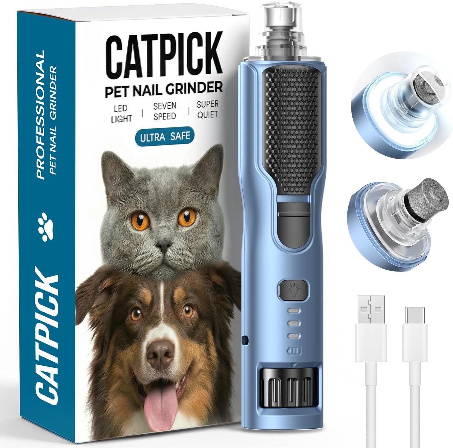 7-Speed Dog & Cat Nail Grinder with Light - Ring LED Safe to Avoid Overcut, Quiet Low Vibration & Powerful Fast, Cordless Rechargeable Toenail Trimmer for Small & Large Puppy & Breeds Paws(Blue)