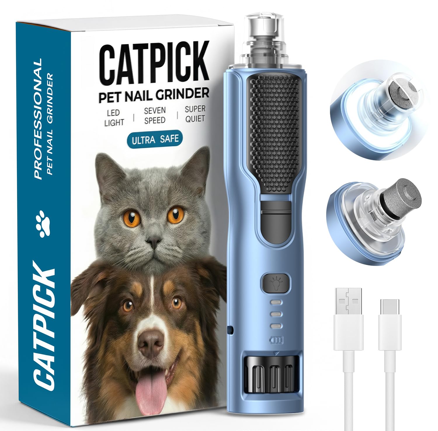 7-Speed Dog & Cat Nail Grinder with Light - Ring LED Safe to Avoid Overcut, Quiet Low Vibration & Powerful Fast, Cordless Rechargeable Toenail Trimmer for Small & Large Puppy Paws