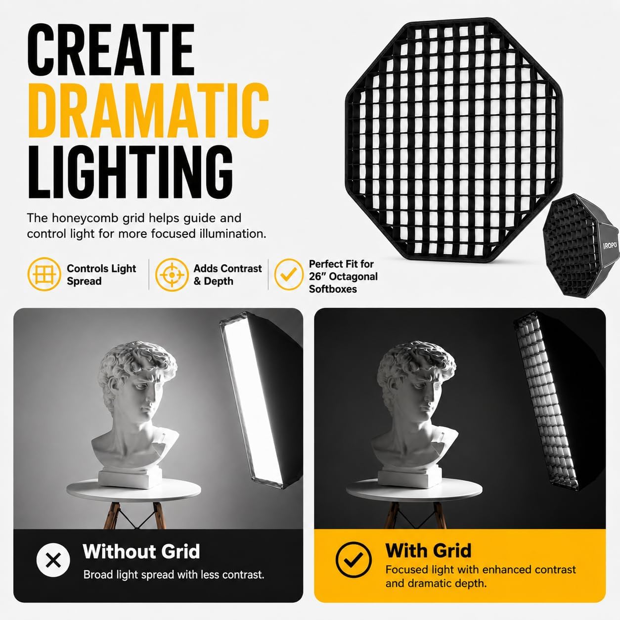 𝖸𝖴𝖦𝖠𝖬® 65cm/26 Honeycomb Grid for Octagonal Softbox – Light Control Grid Compatible with Godox, Neewer, Profoto – Portable Foldable Nylon Grid for Studio, Portrait & Video Lighting (Black) — Amazon image 3
