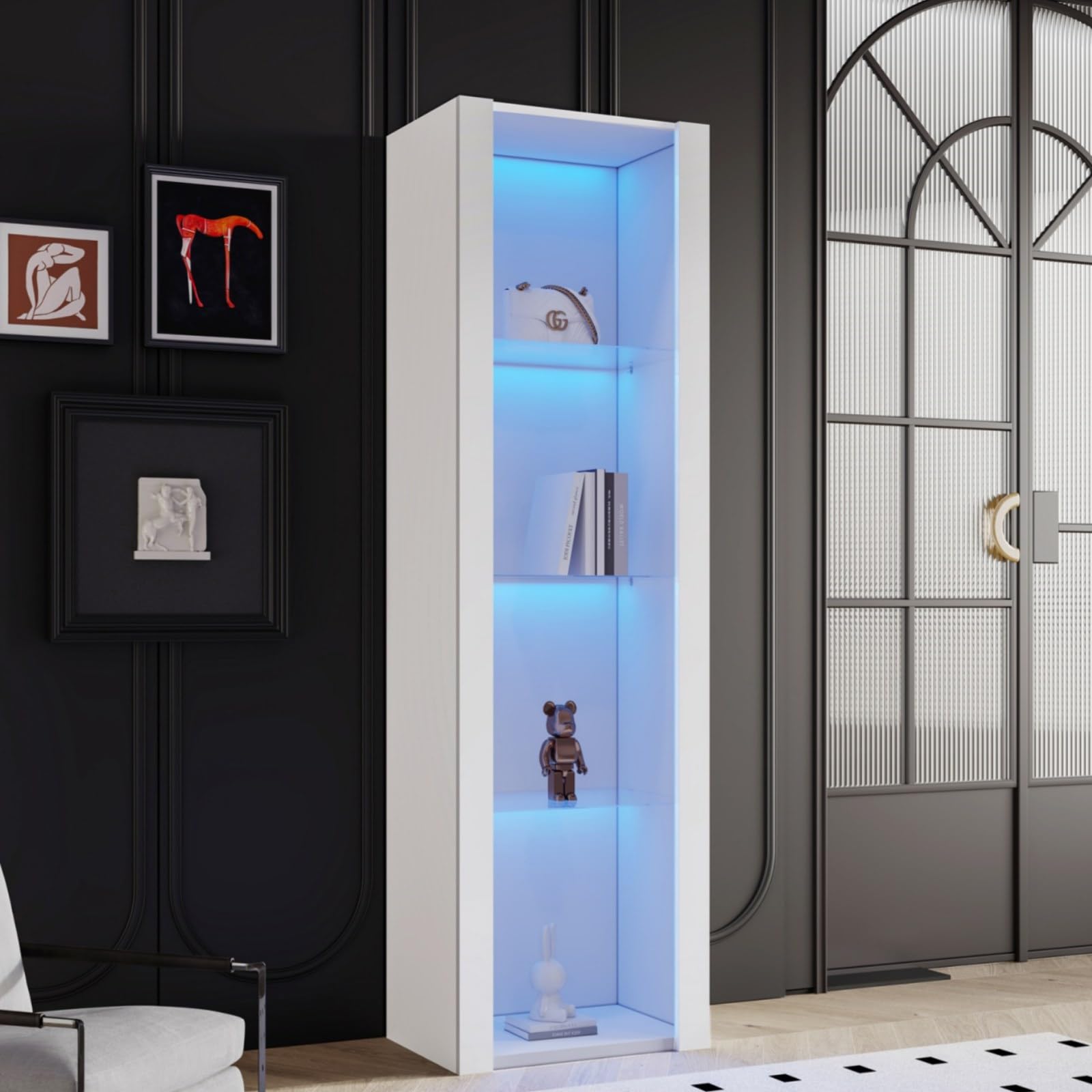KOMHTOM Vetrina soggiorno con LED Credenza moderno, vetrina espositiva da terra con 3 ripiani in vetro per soggiorno camera da letto corridoio sala da pranzo (Bianco)