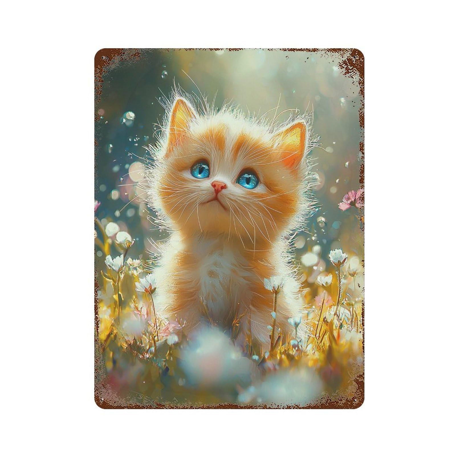 Fluffy Kitten in Flowers Rust Effect Tin Sign 15.7"x11.8", Vintage Wall Decor for Bistro, Counter And Cafe Decor