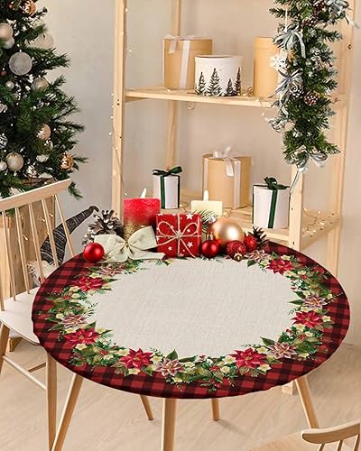 Mantel redondo de Pascua ajustable de Navidad, mantel de lino retro impermeable para una mesa circular, mantel circular a cuadros negro y rojo