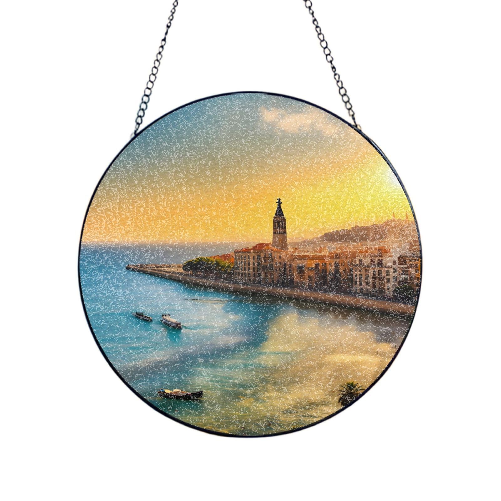 Phayah Sunset In Barcelona Print Glass Window Hanging Sun Catchers Suncatcher Decor For Birthday For Home Garden Porch 10in（25cm）
