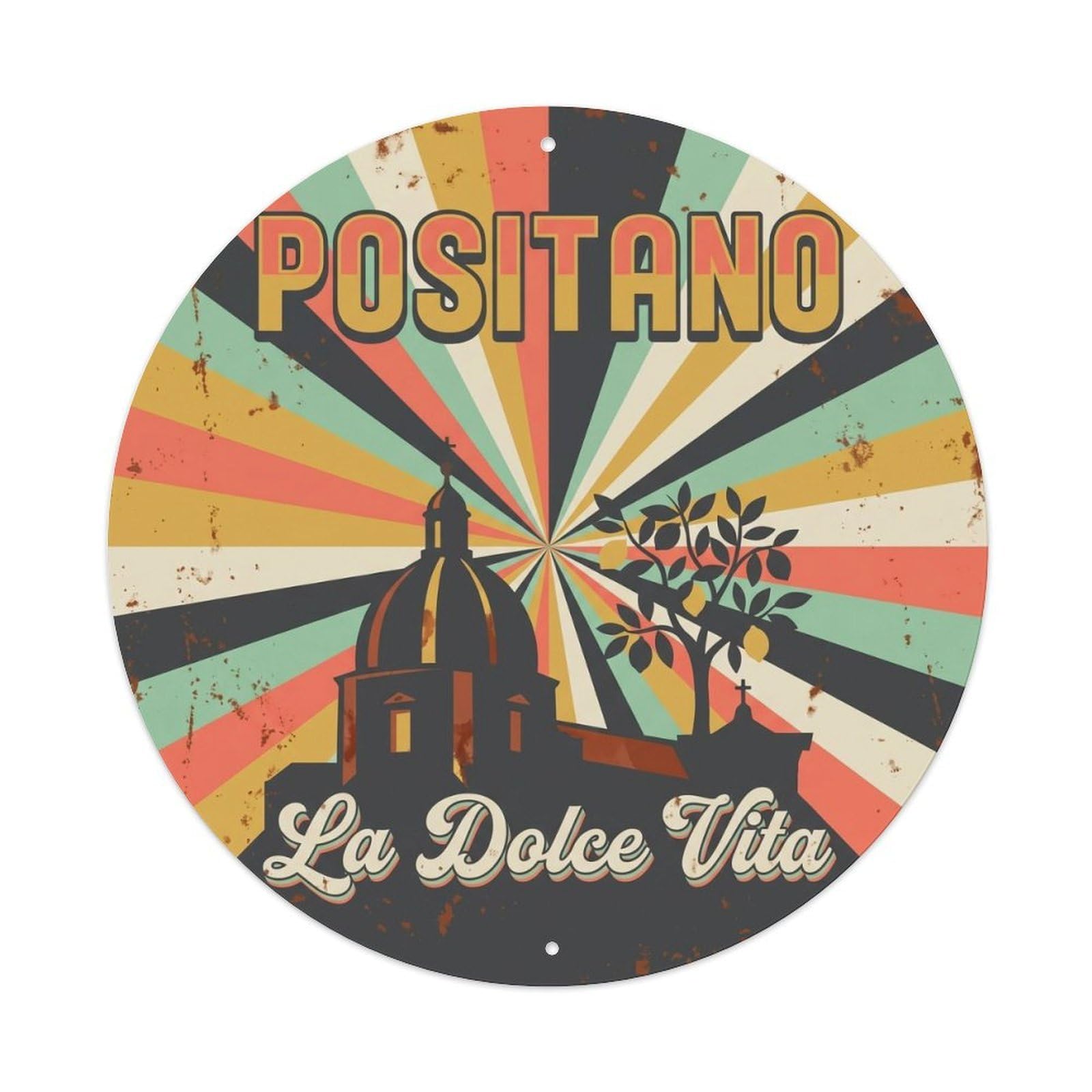 Vintage Travel Positano Italy Getaway Metal Tin Sign Plaque Wall Decor for Cafe, Club, Garden Round Metal Poster 8x8Inch