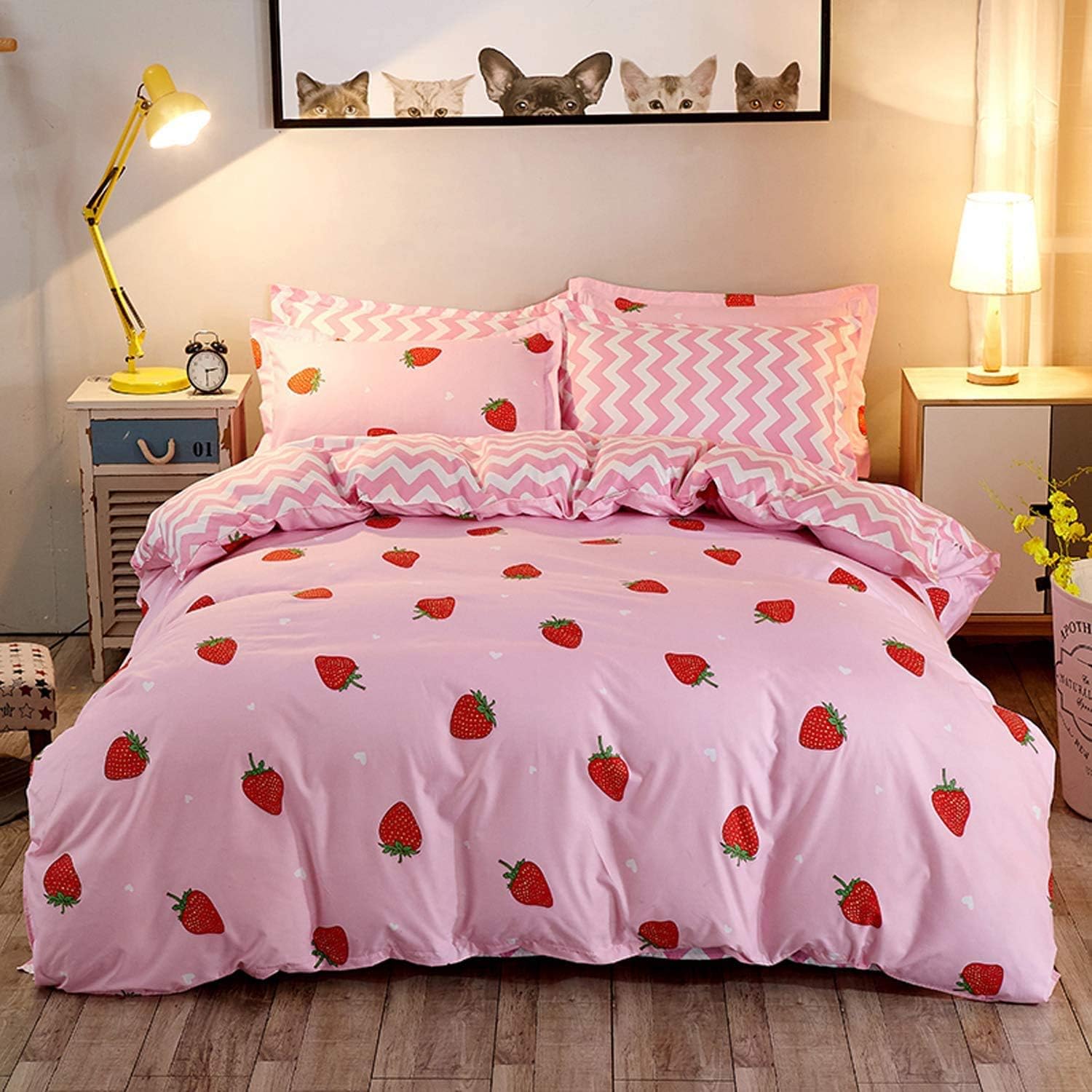 Loussiesd Strawberry Bedding Set Single Bedding for Kids Girls Bedspread Cute Kawaii Duvet Cover with 1 Pillowcases Tropical Fruit Microfiber Quilt Cover Zipper 2 Pieces Pink Red