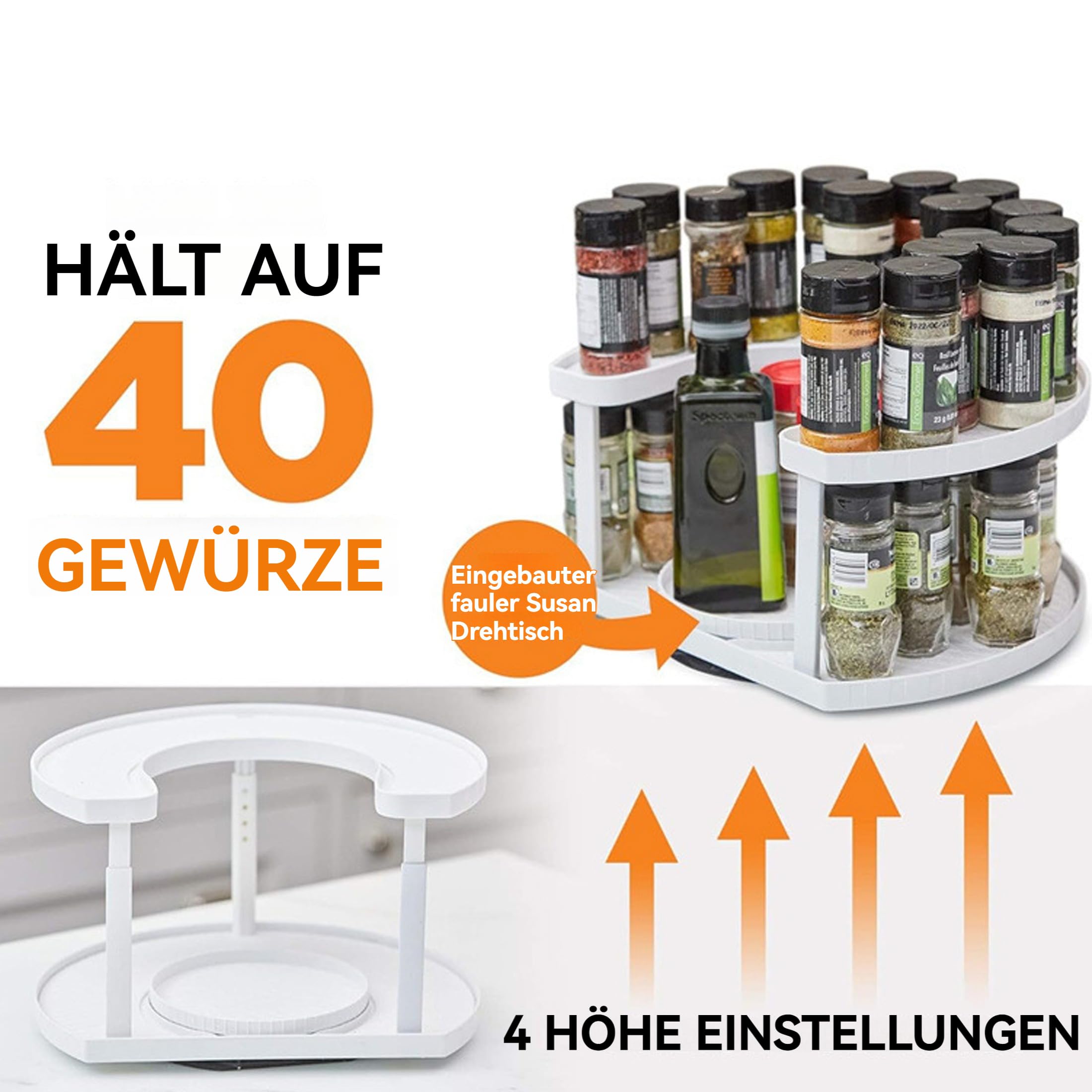 Drehbarer Organizer 2 Etagen 360° Küchengewürzen Küchenregal Arbeitsplatte Eckregal Küche Gewürzregal Stehend Ohne Bohren Lazy Susan Bohren für Gewürzgläser, Kosmetik, Reinigungsmittel Weiß(R04)