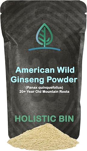 Holistic Bin Suplemento de ginseng orgánico puro en polvo Wild American hecho con raíces cosechadas silvestres de Appalachia (Panax Quinquefolius)