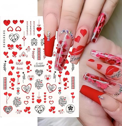 Miniatura 4 de 6 hojas de calcomanías de arte de uñas para el día de San Valentín, diseño de uñas de corazón negro y rojo, decoración de uñas de San Valentín,