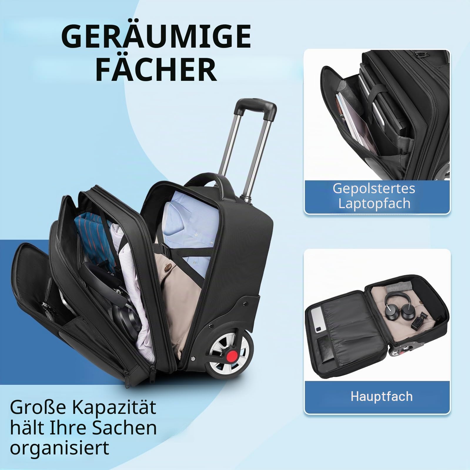 MATEIN Business Trolley mit Großen Rädern, Laptop Trolley 17,3 Zoll mit 3 Packing Cubes, Pilotenkoffer mit Rollen wasserdichte, Aktenkoffer mit Rollen für Herren, Reisen, Arbeit, Schule, Schwarz