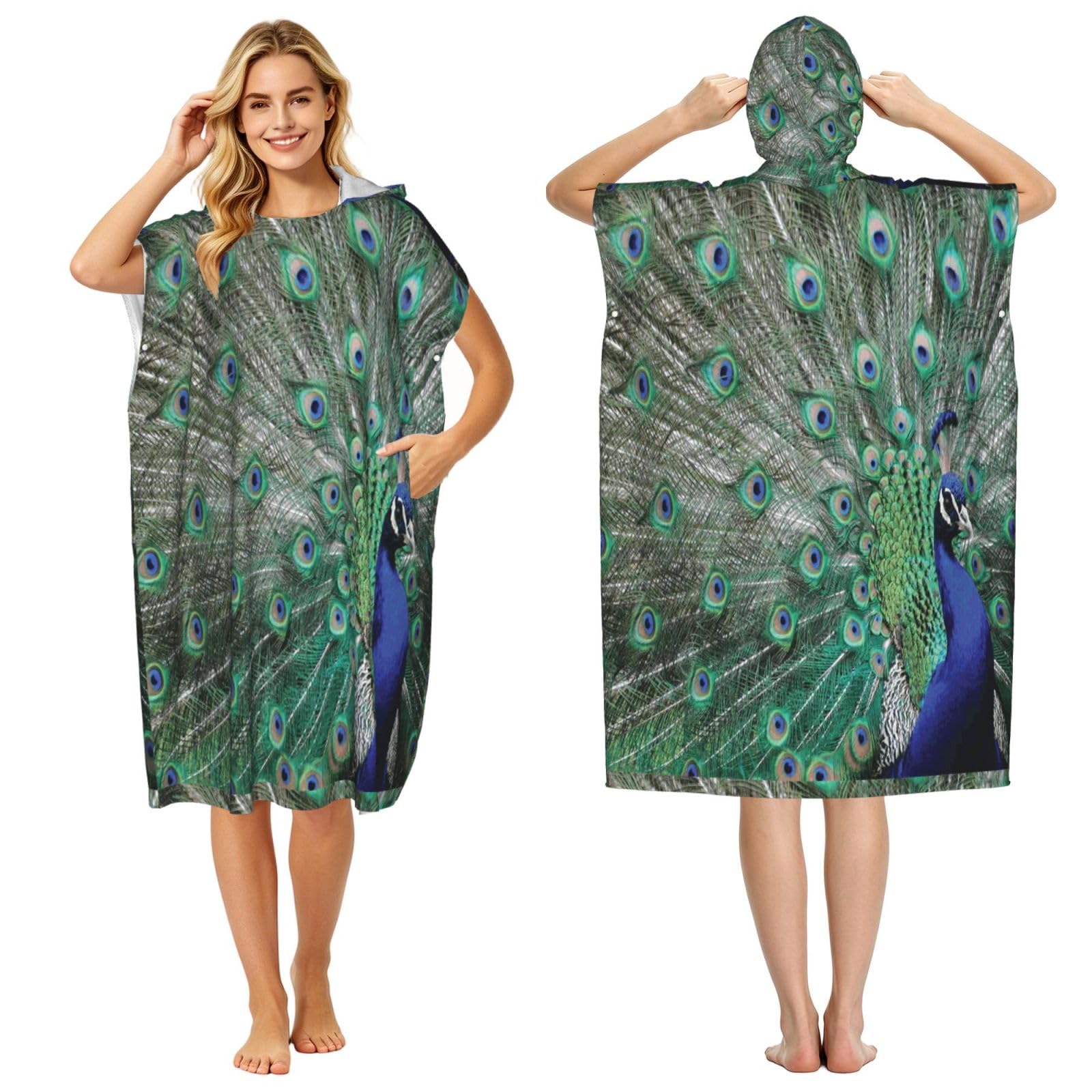 Poadnly Peacock Displaying Feathers Open Wings, Adult Hooded Beach Towel 90 x 110 cm,Changing Bath Robe, Surf Poncho Towel For Women Men