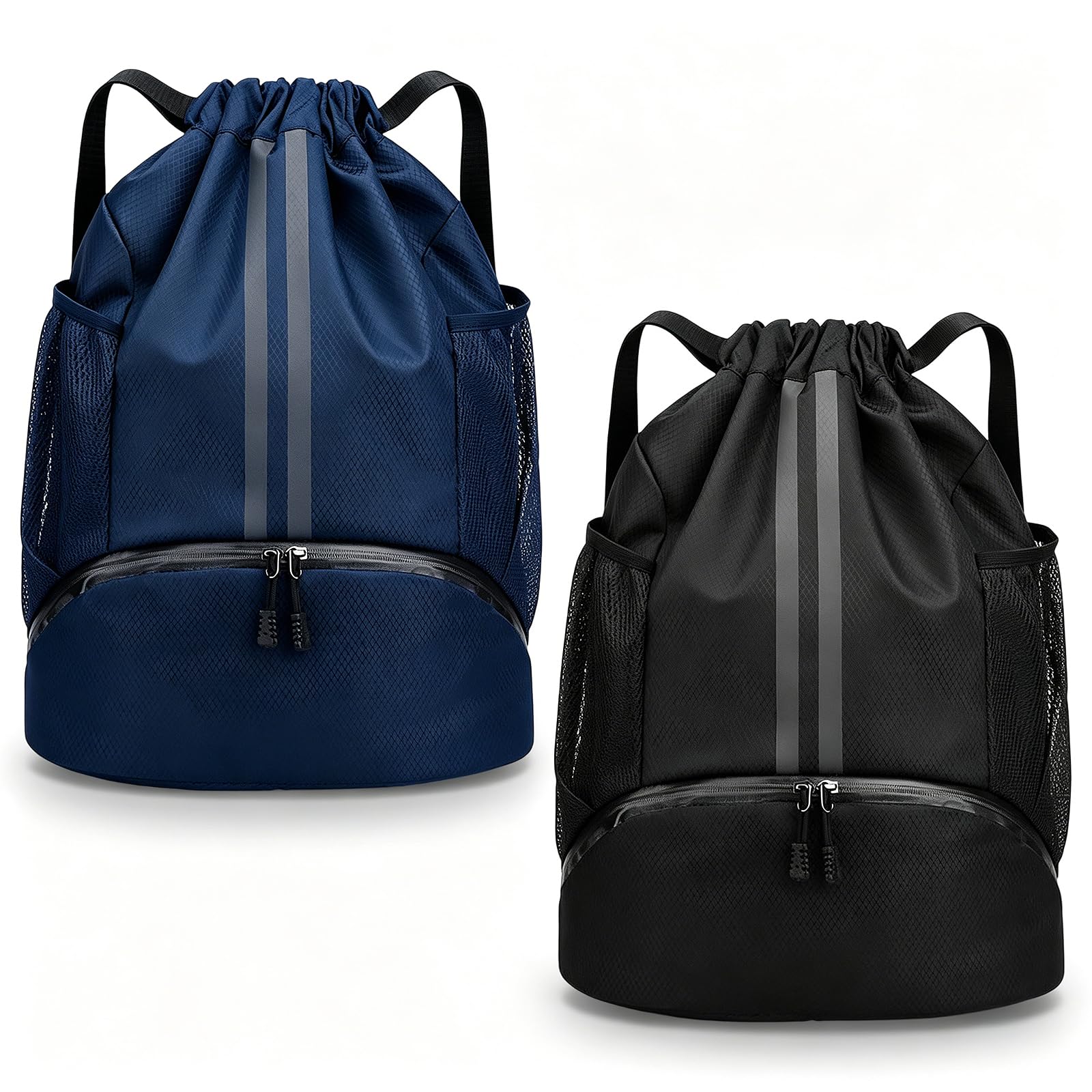 CYGMRFH 2Pcs Basketball Drawstring Backpack Set – Black and Navy Blue Gym Bag with Reflective Stripes, Shoe Compartment & Wet Dry Separation, Water Resistant Sports Backpack for Men Women