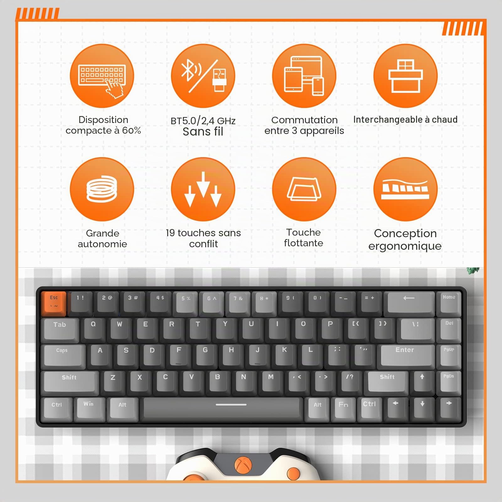 YINDIAO K68 60% Clavier de Jeu Mécanique sans Fil,Bluetooth 5.0/2.4Ghz Mini Clavier Compact 68 Touches avec Récepteur Double Mode,échangeable à Chaud,Interrupteur Rouge,pour PC,Mac,PS4 (Gris Foncé)