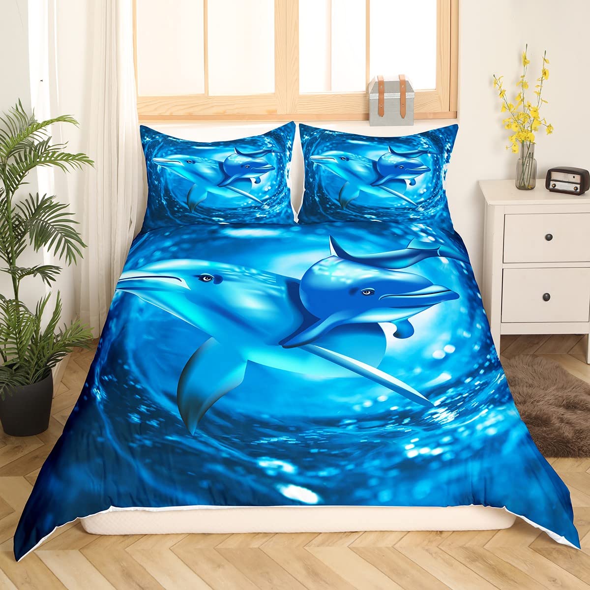 Loussiesd Kid Dolphin Bedding Set Cute Dolphin Duvet Cover Marine Life Comforter Cover for Children Boys Girls Sea Animal Blue Wave Decor King Bedspread Cover Decor Microfiber Bedclothes - Image 4