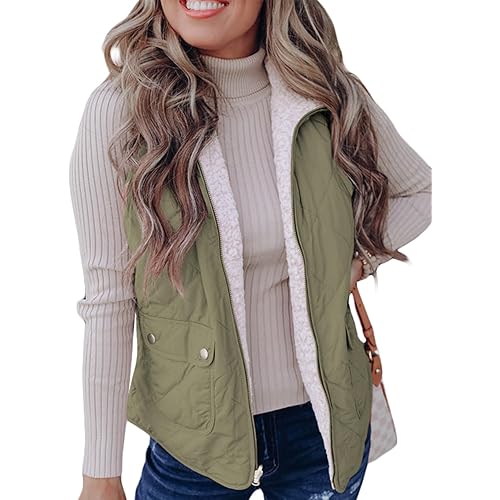 SHEWIN Women Puffer Vest Casual Stand Collar Sleeveless Puffer Jacket Warm Winter Reversible Zip Up Outerwear with Pockets
