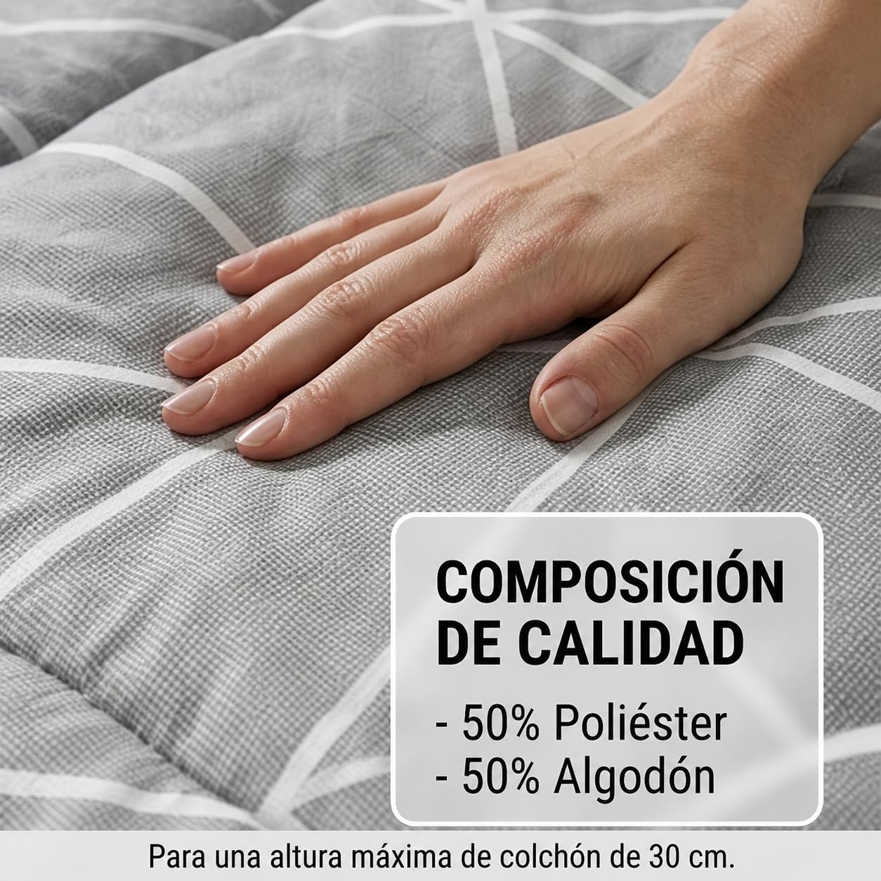 Edredón Ajustable DOLI Geométrico Gris Lanovenanube Cama 200 Microfibra | Estampado geométrico gris y dorado, tacto melocotón 250 g, ajuste al colchón. Largo 190/200 cm. Fabricado en España